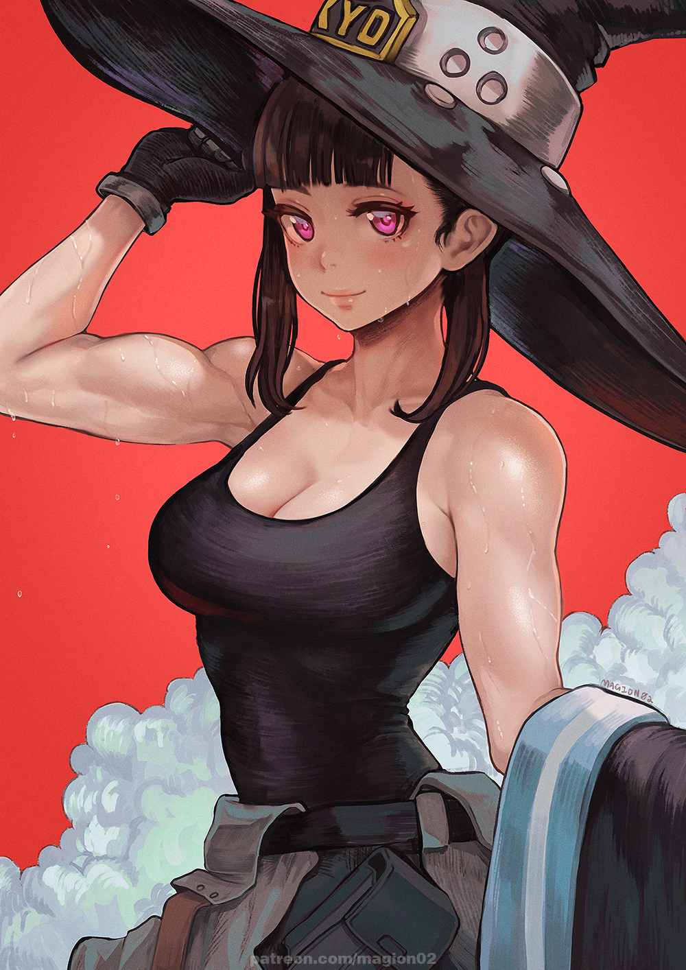 biceps black_gloves black_hair black_shirt black_tank_top breasts cleavage enen_no_shouboutai female fire_force gloves hat highres large_breasts lips looking_at_viewer magion02 oze_maki purple_eyes red_background shirt sidelocks simple_background smile smoke solo sweat tank_top toned witch_hat