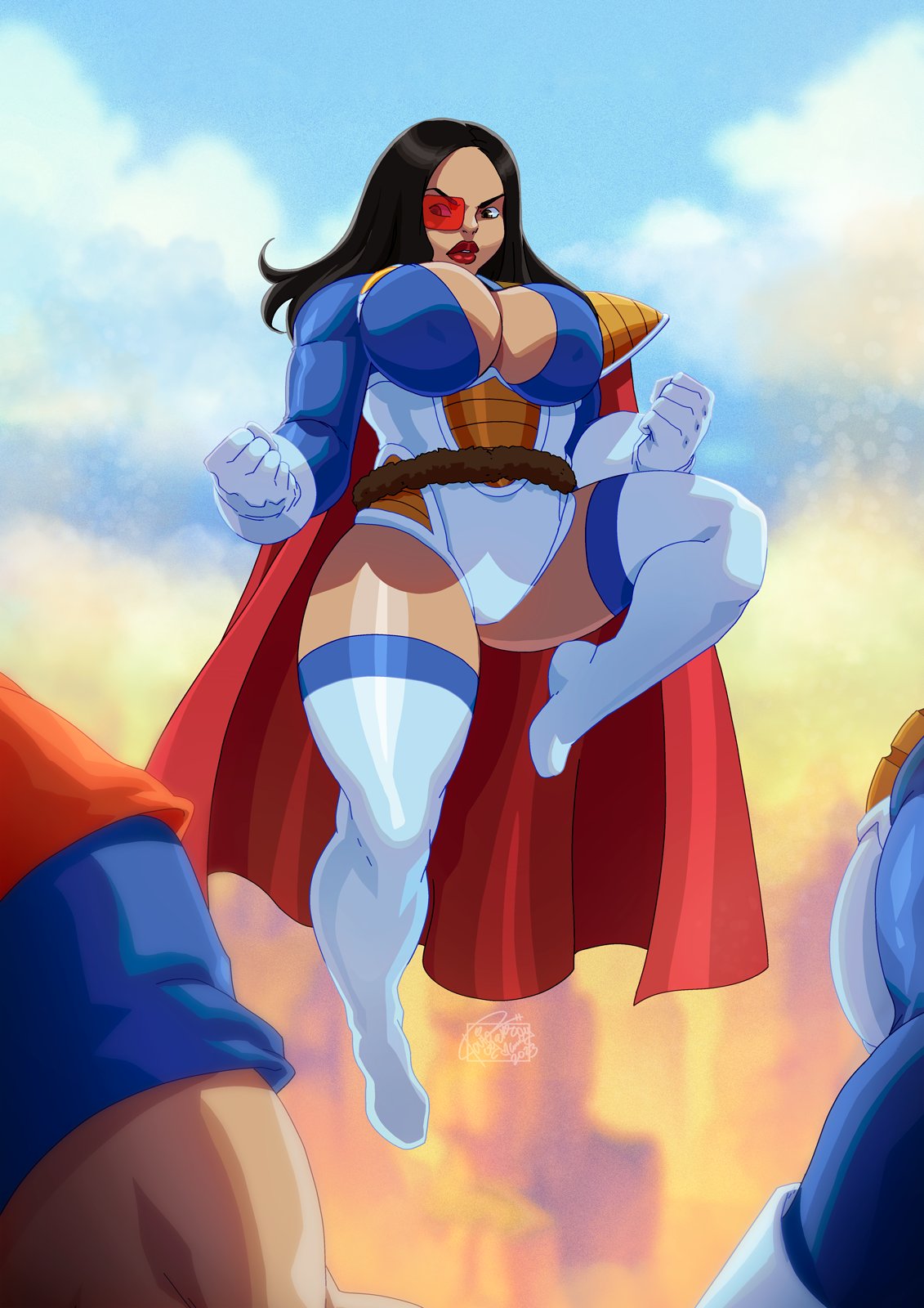 1girls 2023 big_breasts black_hair dragon_ball dragon_ball_z fan_character female hi_res legwear long_hair looking_at_viewer red-tinted_eyewear red_lipstick saiyan saiyan_armor saiyan_girl scouter suspension tail thick_thighs tinted_eyewear tovio_rogers white_legwear