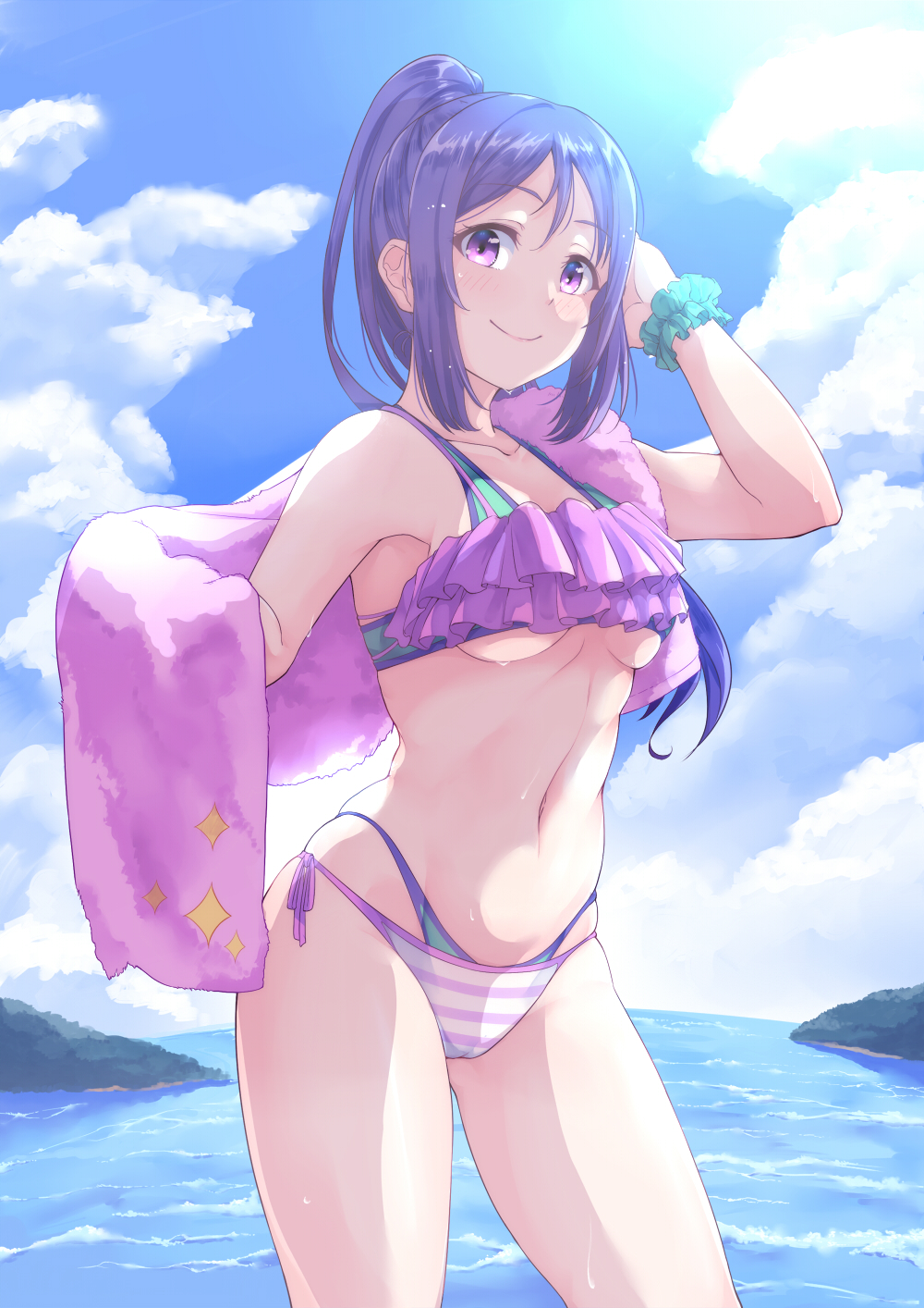 1girls aqua_scrunchie arm_up bare_shoulders bikini blue_hair blue_sky blush breasts closed_mouth cloud collarbone contrapposto cowboy_shot day female_focus frilled_bikini from_below hi_res kanabun long_hair looking_at_viewer love_live! love_live!_sunshine!! matsuura_kanan medium_breasts navel ocean pink_towel ponytail purple_eyes scrunchie sidelocks skindentation sky smile solo standing swimsuit towel underboob water wet wrist_scrunchie