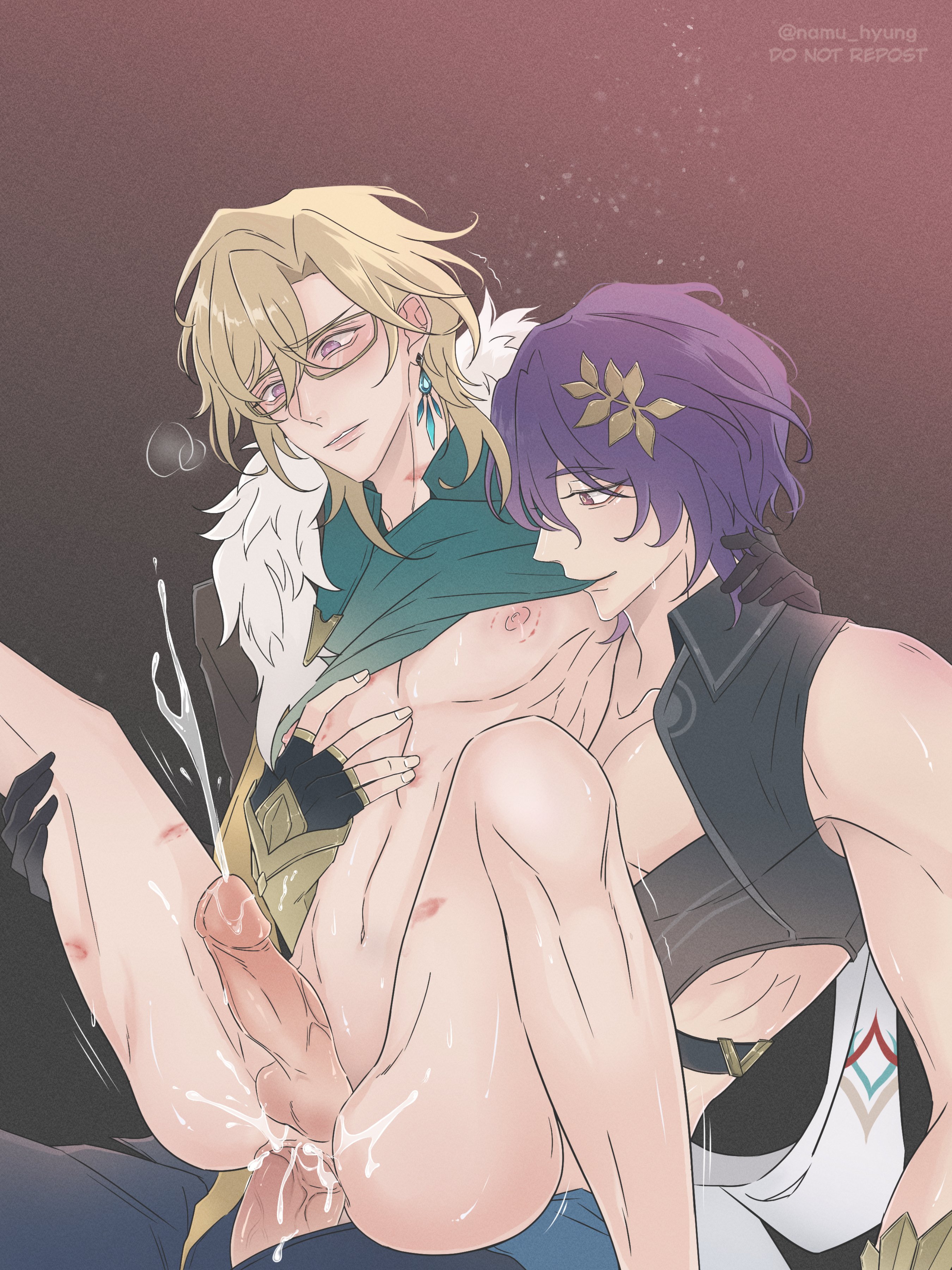 2boys, anal, anal penetration, anal sex, ass, aventurine (honkai: star rail), big dom small sub, bite mark, biting shirt, cum, cum in ass, dr. ratio (honkai: star rail), gay, gay sex, holding belly, honkai: star rail, male, male only, male/male, manspreading, muscular, muscular male, namu hyung, nipple biting, nipples, partially clothed, reverse cowgirl position, yaoi