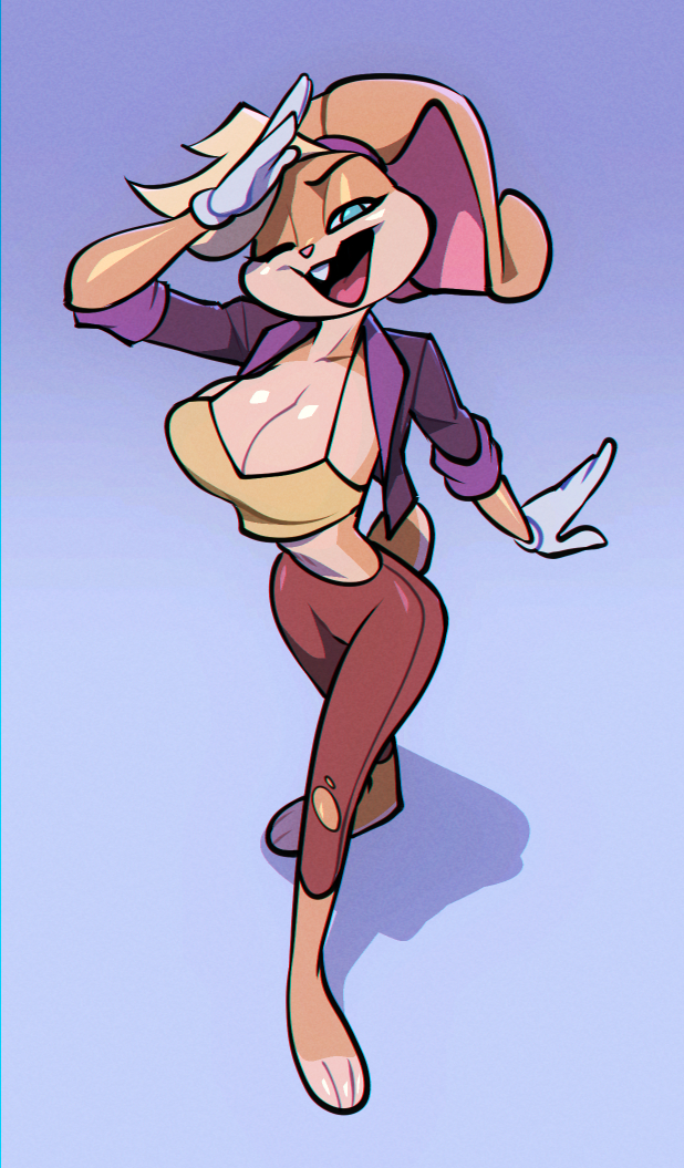 1girls, arm up, big breasts, bigdad, blonde hair, blue eyes, breasts, bunny, bunny ears, bunny girl, clothed, clothing, eye closed, feet, female, female focus, female only, large breasts, lola bunny, looking at viewer, looney tunes, open mouth, short hair, smile, solo, solo female, thighs, warner brothers