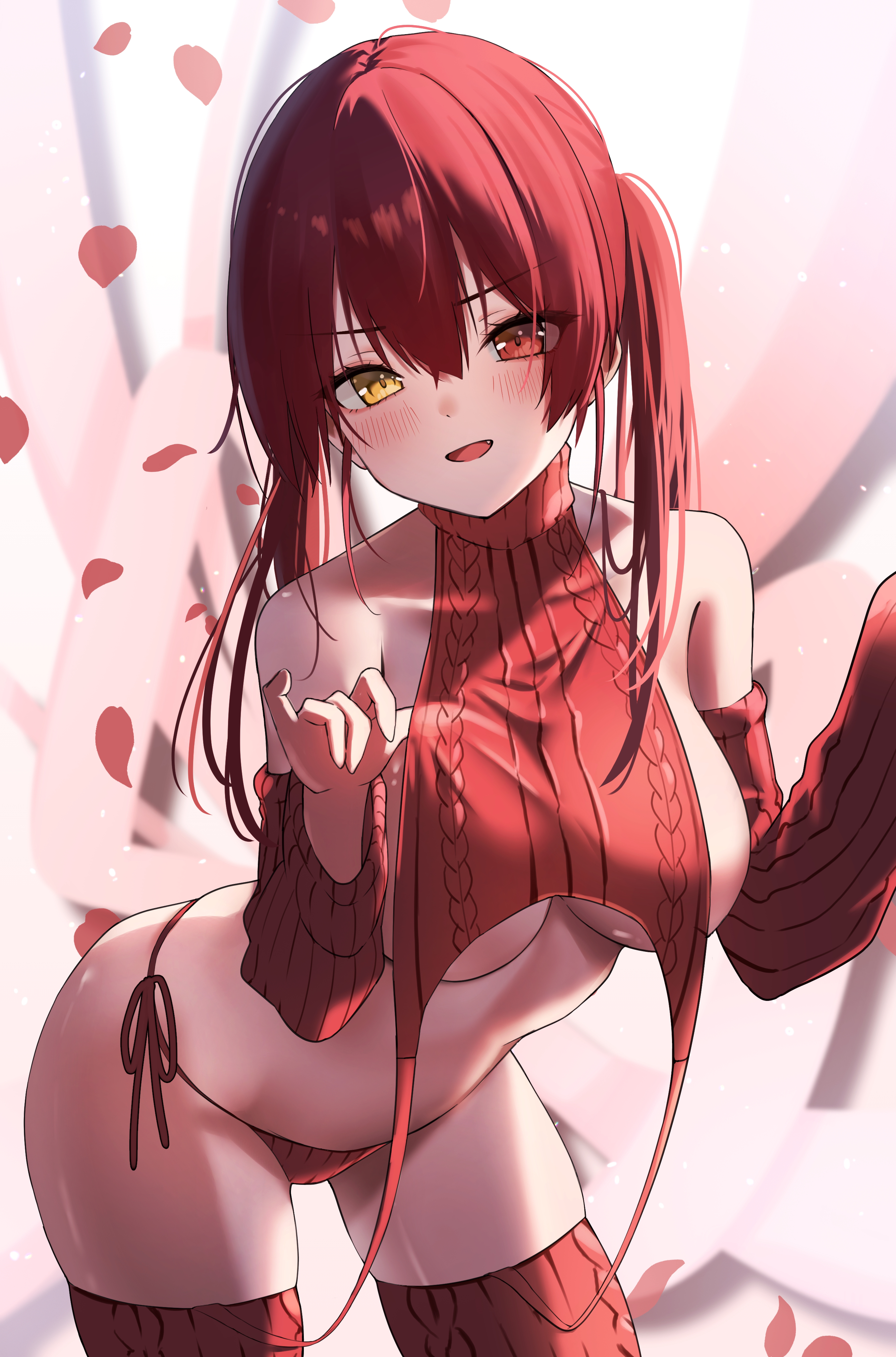 1girls, bare shoulders, breasts, detached sleeves, fangs, female, hair between eyes, heterochromia, hololive, hololive fantasy, hololive japan, houshou marine, large breasts, long hair, looking at viewer, meme attire, nisi ki no, open mouth, red eyes, red hair, solo, thighs, turtleneck, turtleneck sweater, twintails, underwear, virgin destroyer sweater, virgin killer sweater, virtual youtuber, yellow eyes