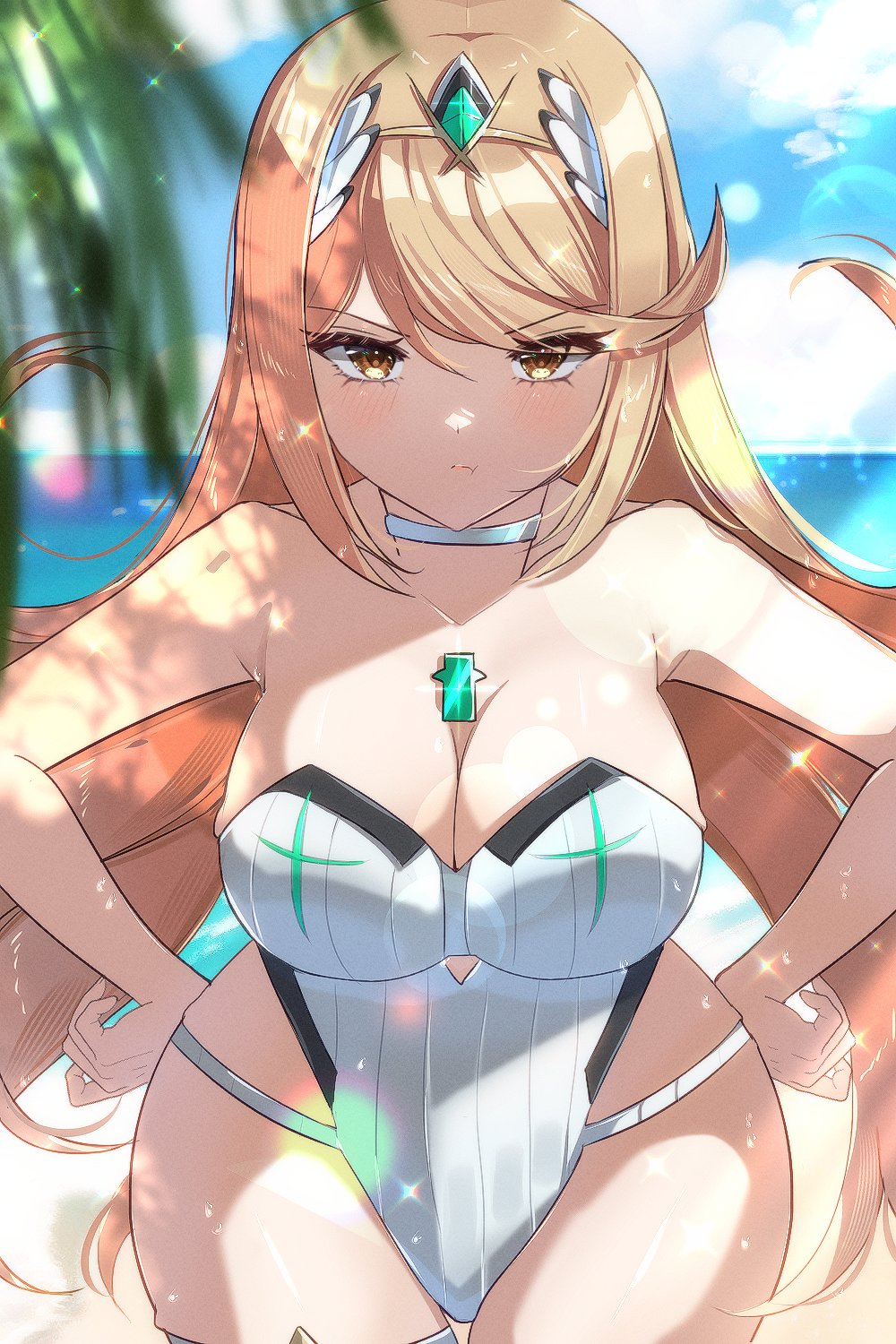 breasts core_crystal female female_only looking_at_viewer mythra mythra_(radiant_beach)_(xenoblade) nintendo solo swimsuit tagme xenoblade_(series) xenoblade_chronicles_2 zer00han