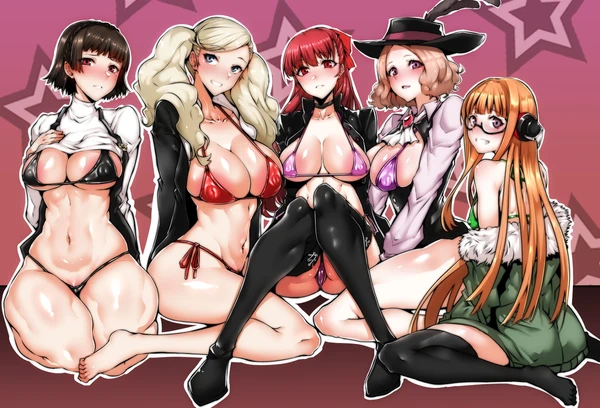 ann_takamaki big_breasts blonde_hair breasts clothing embarrassed female gggg haru_okumura human kasumi_yoshizawa makoto_niijima muscular muscular_female pale_skin persona persona_5 persona_5_royal phantom_thief_suit red_hair ribbon sakura_futaba sumire_yoshizawa swimsuit swimsuits twintails