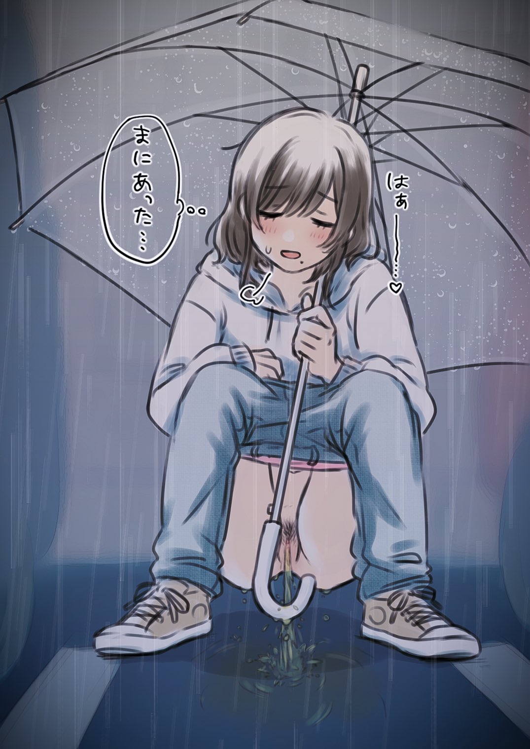 1girls blush closed_eyes hoodie japanese_text jeans marrontorisu open_mouth original outdoors pants pants_pull panty_pull peeing pubic_hair public public_nudity pussy raining shoes sigh squatting translated umbrella urine