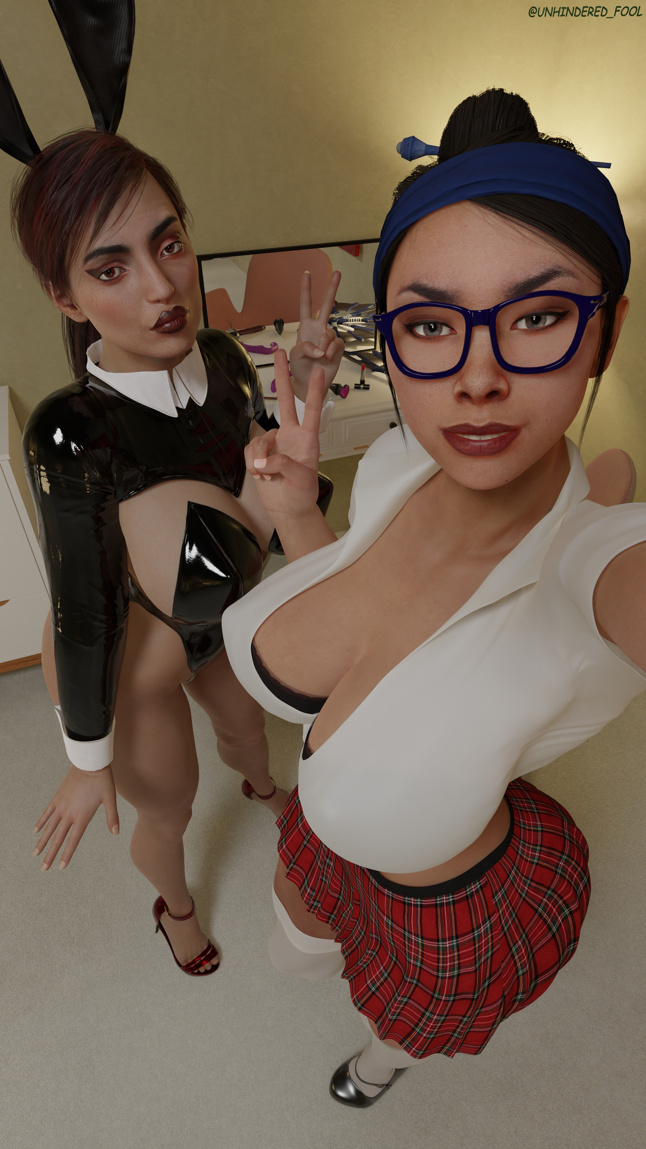 2girls, 3d, ass, big ass, big breasts, black hair, breasts, bunny ears, bunny girl, bunnysuit, female, female only, glasses, high heels, kitana, kitana (mk11), lipstick, mortal kombat, mortal kombat 11, red hair, school uniform, schoolgirl, skarlet, the unhindered fool, thick thighs