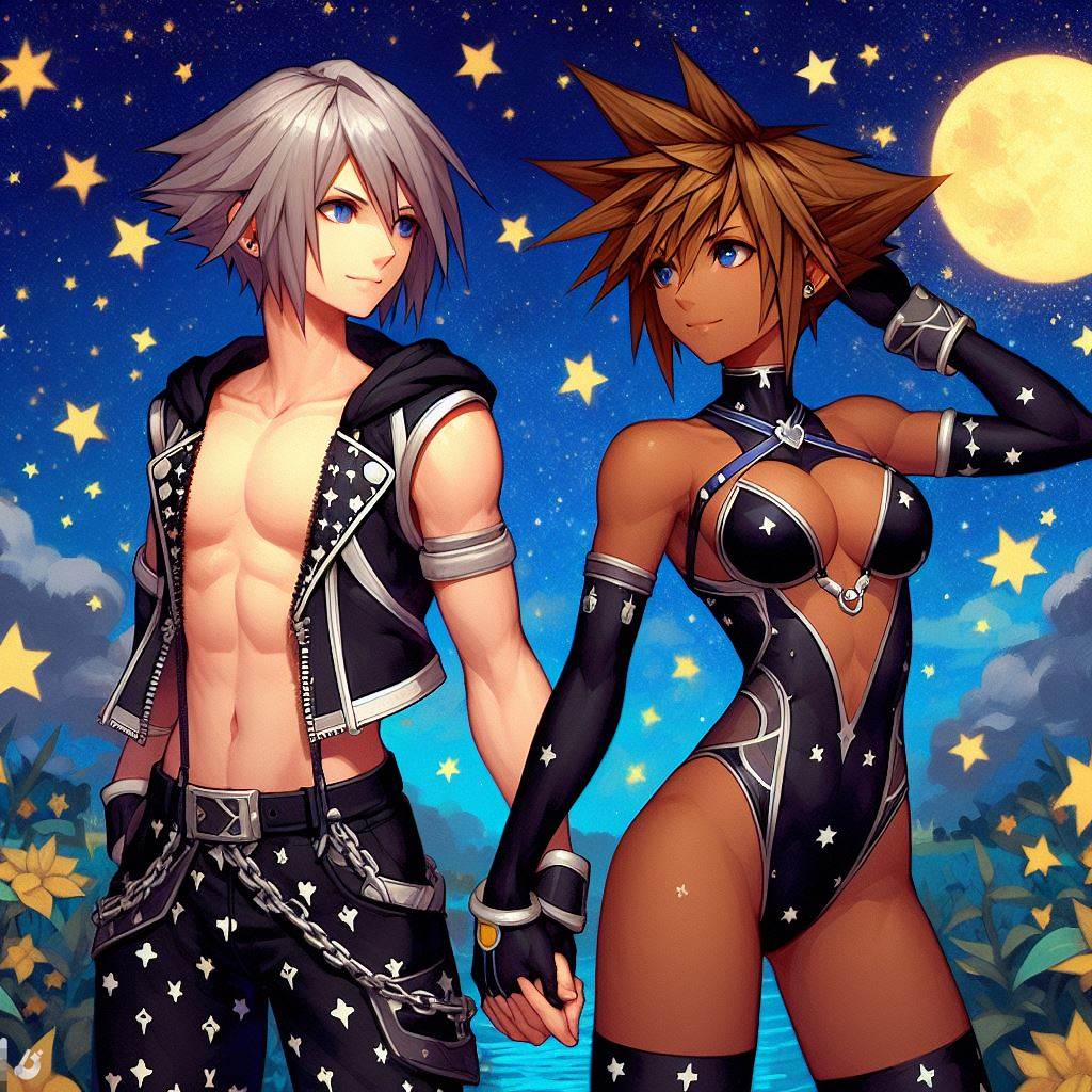 ai_generated bing_image_creator crossdressing femboy genderswap kingdom_hearts leotard riku rule_63 skin_color_change skirt sora sora_(kingdom_hearts) thigh_highs