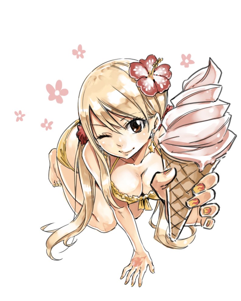 bembos bikini blonde_hair breasts brown_eyes cleavage earrings eyebrows_visible_through_hair fairy_tail female flower food hair_between_eyes hair_flower hair_ornament hand_tattoo ice_cream ice_cream_cone jewelry kneeling large_breasts lucy_heartfilia mashima_hiro official_art one_eye_closed simple_background smile solo star_(symbol) star_earrings swimsuit white_background