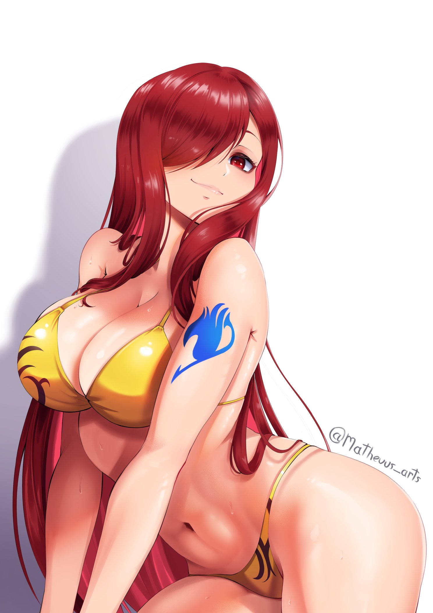 1girls, 2d, arm tattoo, artist signature, bikini, blue tattoo, color, erza scarlet, fairy tail, fairy tail mark, female, female only, hair over one eye, looking at viewer, matheuus arts, red eyes, red hair, red-haired female, smirk, tagme, tattoo, tattoo on arm, tattooed arm