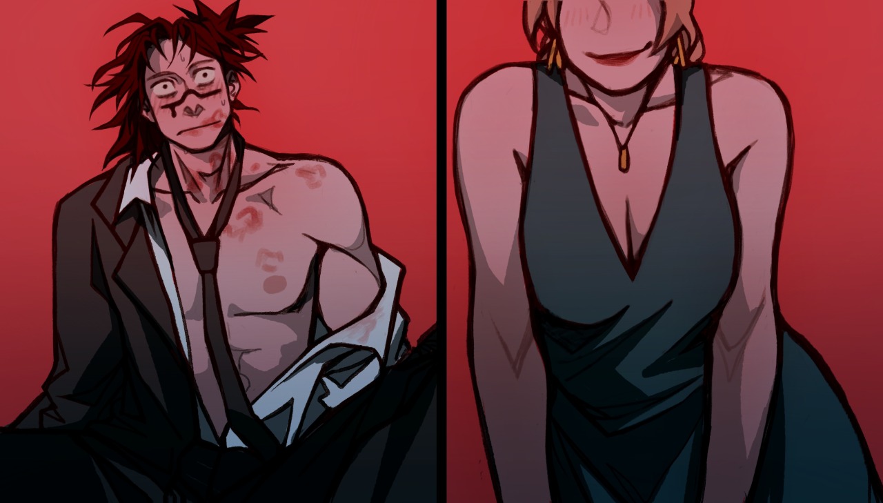 1boy, 1girls, after kiss, arinavah, blush, blush lines, choso kamo, cute, female, gentle femdom, jujutsu kaisen, kiss mark, kiss mark on chest, kiss mark on face, lipstick, lipstick mark, lipstick marks, lipstick on face, male, male/female, messy hair, open clothes, red lipstick, romantic couple, seducing, seductive, straight, suit and tie, teasing, yuki tsukumo