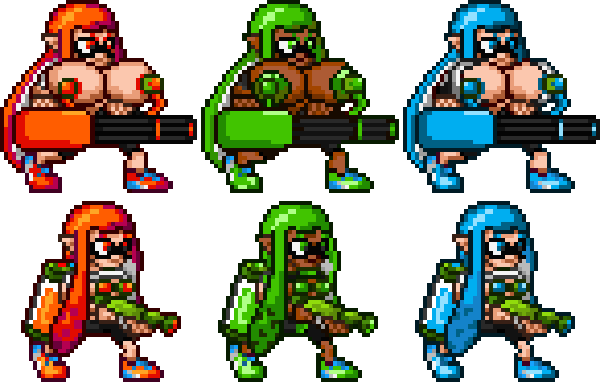 3girls barely_clothed blue_hair blue_nipples breast_expansion breast_growth breasts_out dark-skinned_female dark_skin expansion green_hair green_nipples gun huge_breasts hyper_breasts inkling inkling_girl milking milking_machine multiple_girls orange_hair orange_nipples pixel_art sabs3 shirt_lift shorts splatoon sprite sprite_sheet transparent_background