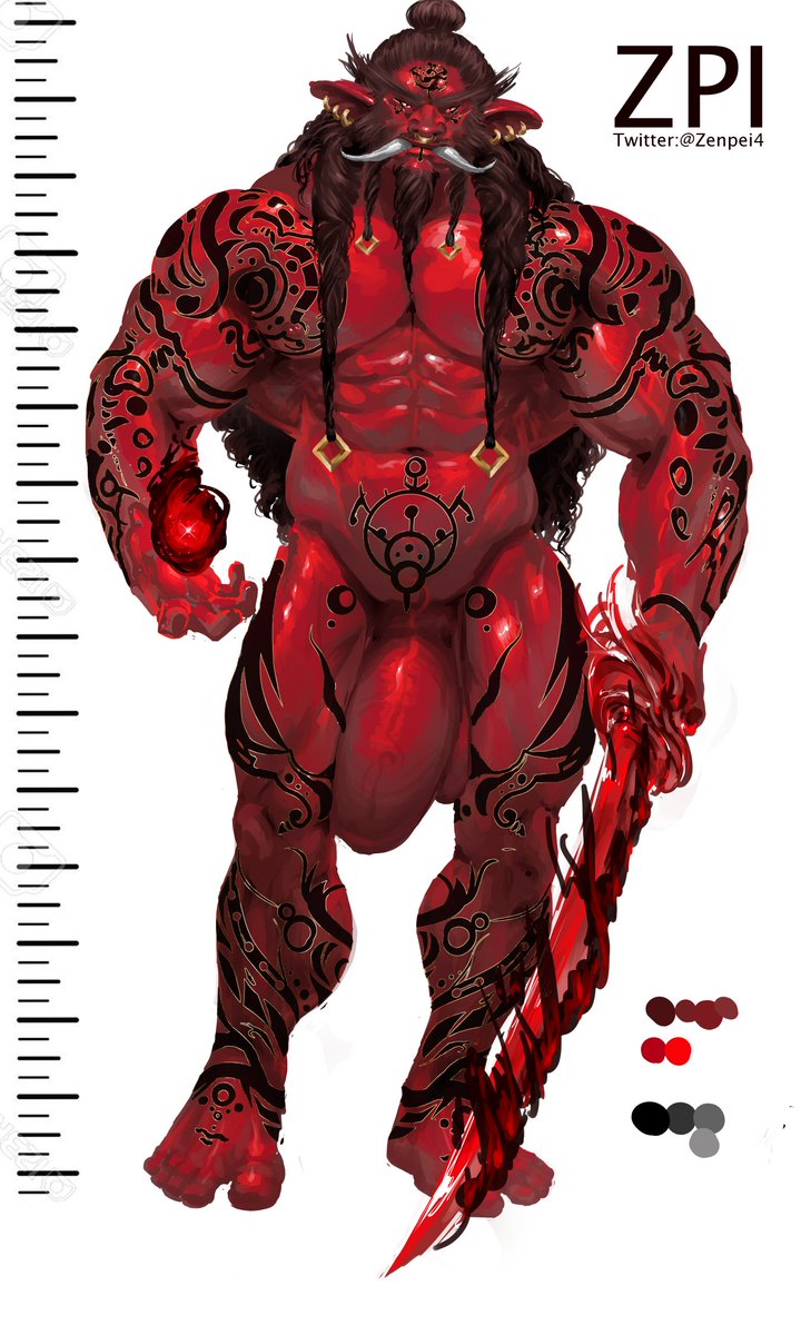 balls beard big_balls big_penis facial_hair flaccid male male_only muscles muscular nude penis red_body solo solo_male tusks zenpei