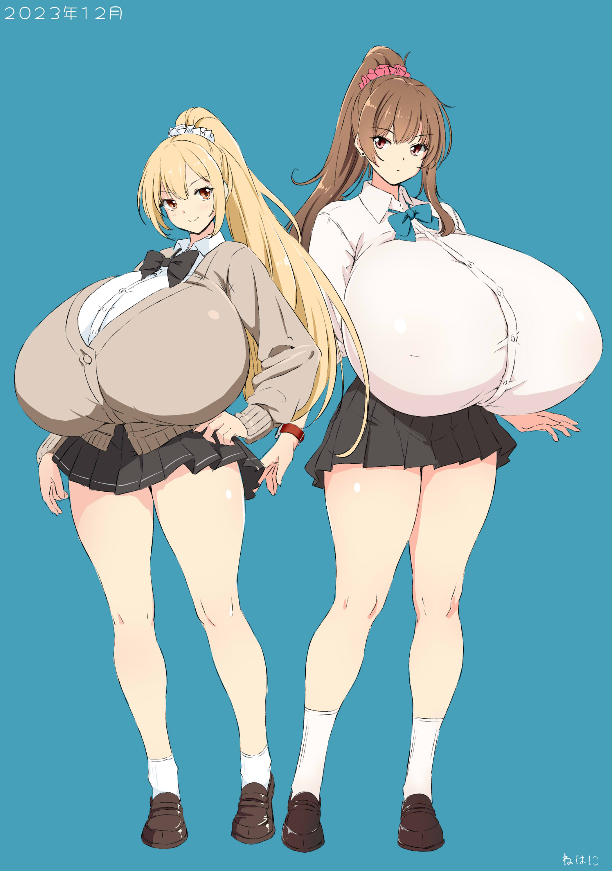 2girls, blonde female, blonde hair, breasts, brown hair, brunette hair, enormous breasts, female, female only, hyper, hyper breasts, miniskirt, multiple females, multiple girls, nehani (tworship), tagme