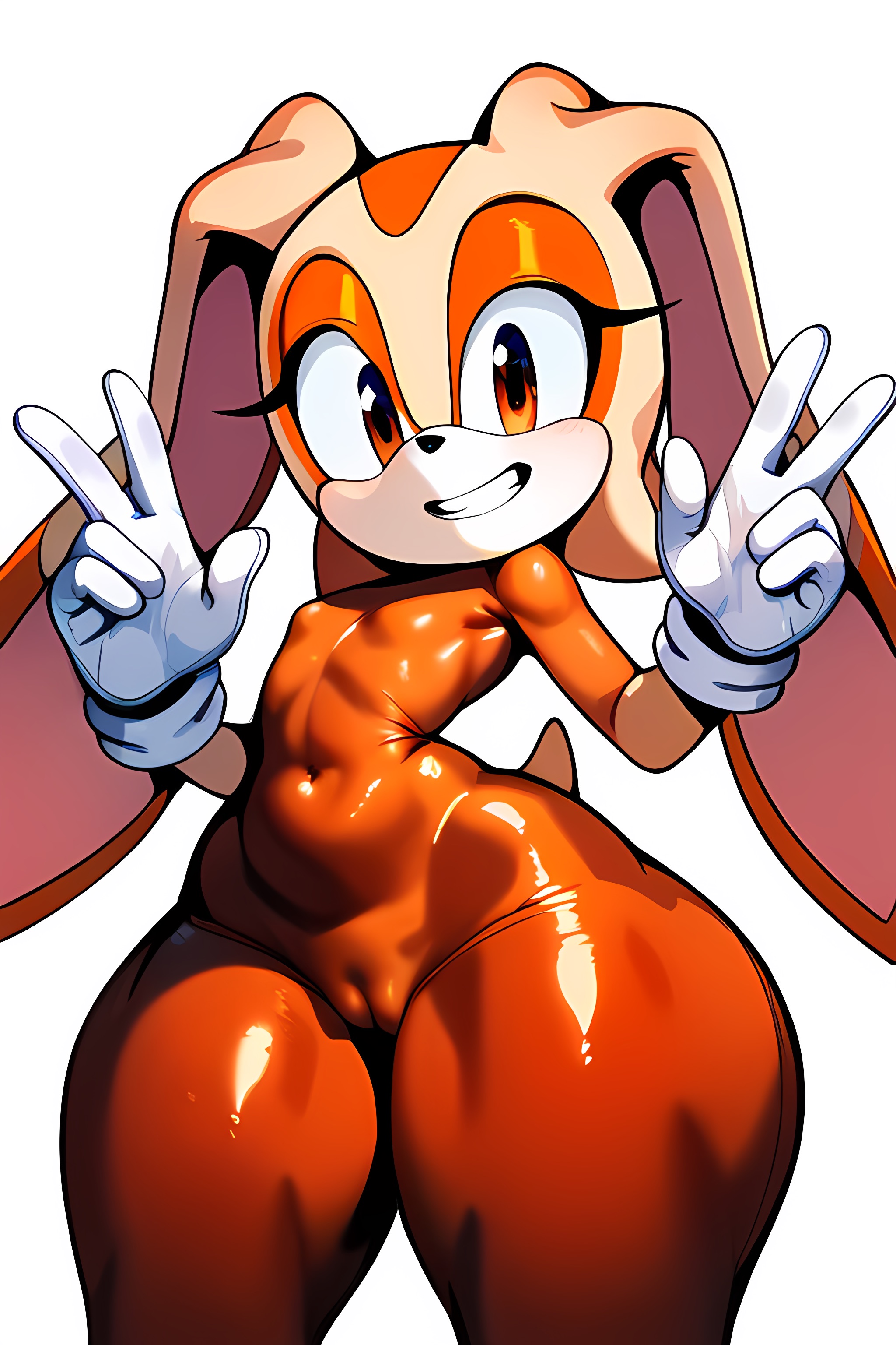 aged up, ai generated, anthro, breasts, cameltoe, cream the rabbit, erect nipples, female, female only, flat chest, flat chested, fur, furry, gloves, latex, nipples, novelai, peace sign, pussy, sega, small breasts, smiling, solo, solo female, solo focus, sonic (series), sonic the hedgehog (series), thick thighs, tight clothing