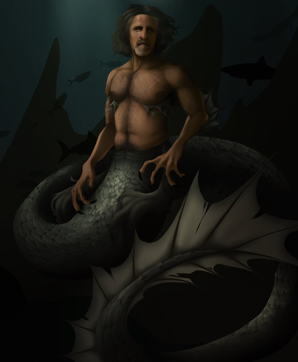 1boy 1male bara bara_tiddies bara_tits barazoku beard claws fins hairy_male izzy_hands long_fingers long_hair long_hair_male long_tail male_only mermaid mermaid_tail mmmantitties our_flag_means_death shoulder_length_hair siren underwater