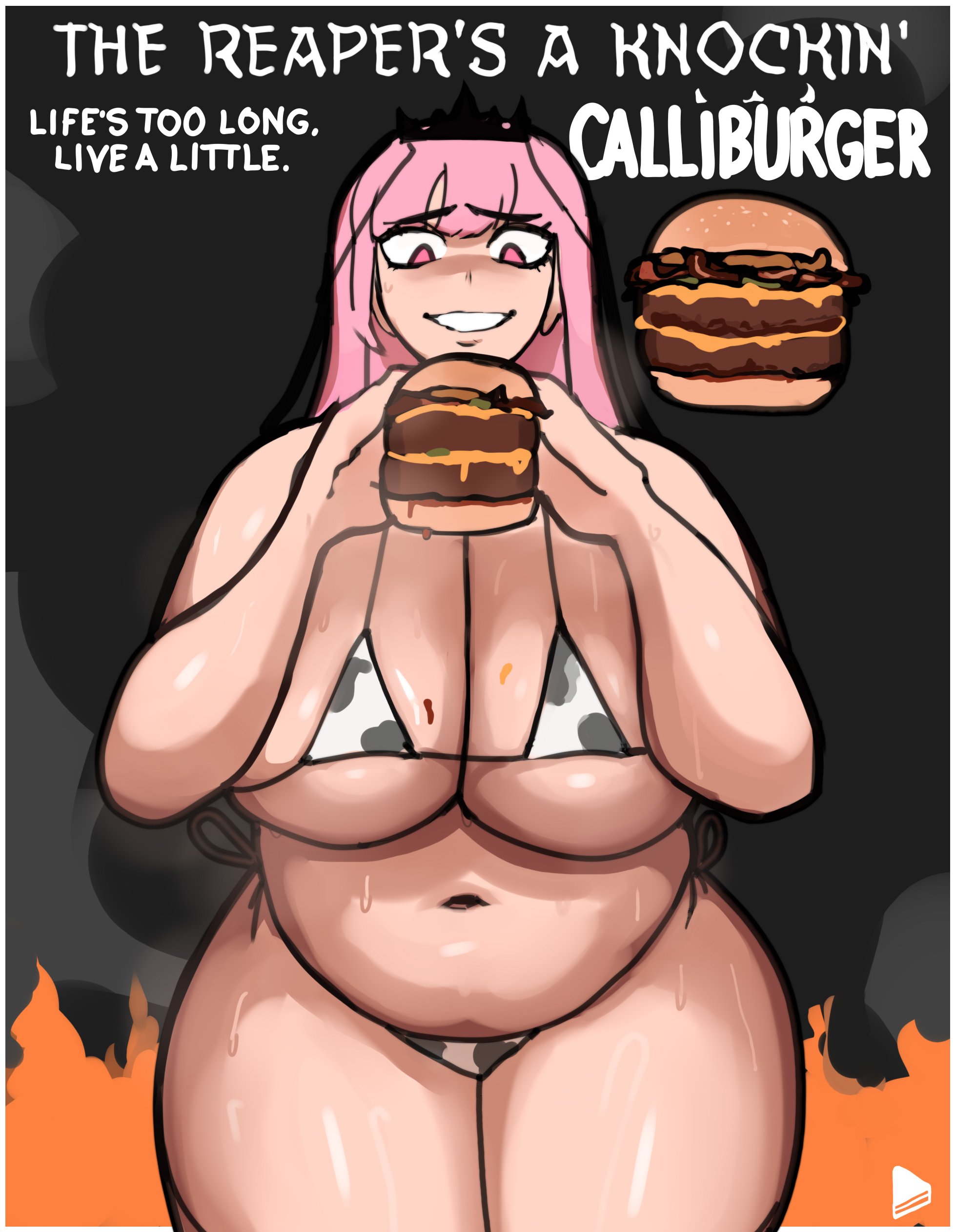 1girls, bbw, big breasts, breasts, burger, chubby, chubby female, dolecat, eating, eating burger, eating food, female, food, holding, holding burger, holding food, holding object, hololive, hololive english, hololive myth, huge breasts, mori calliope, thick thighs, virtual youtuber