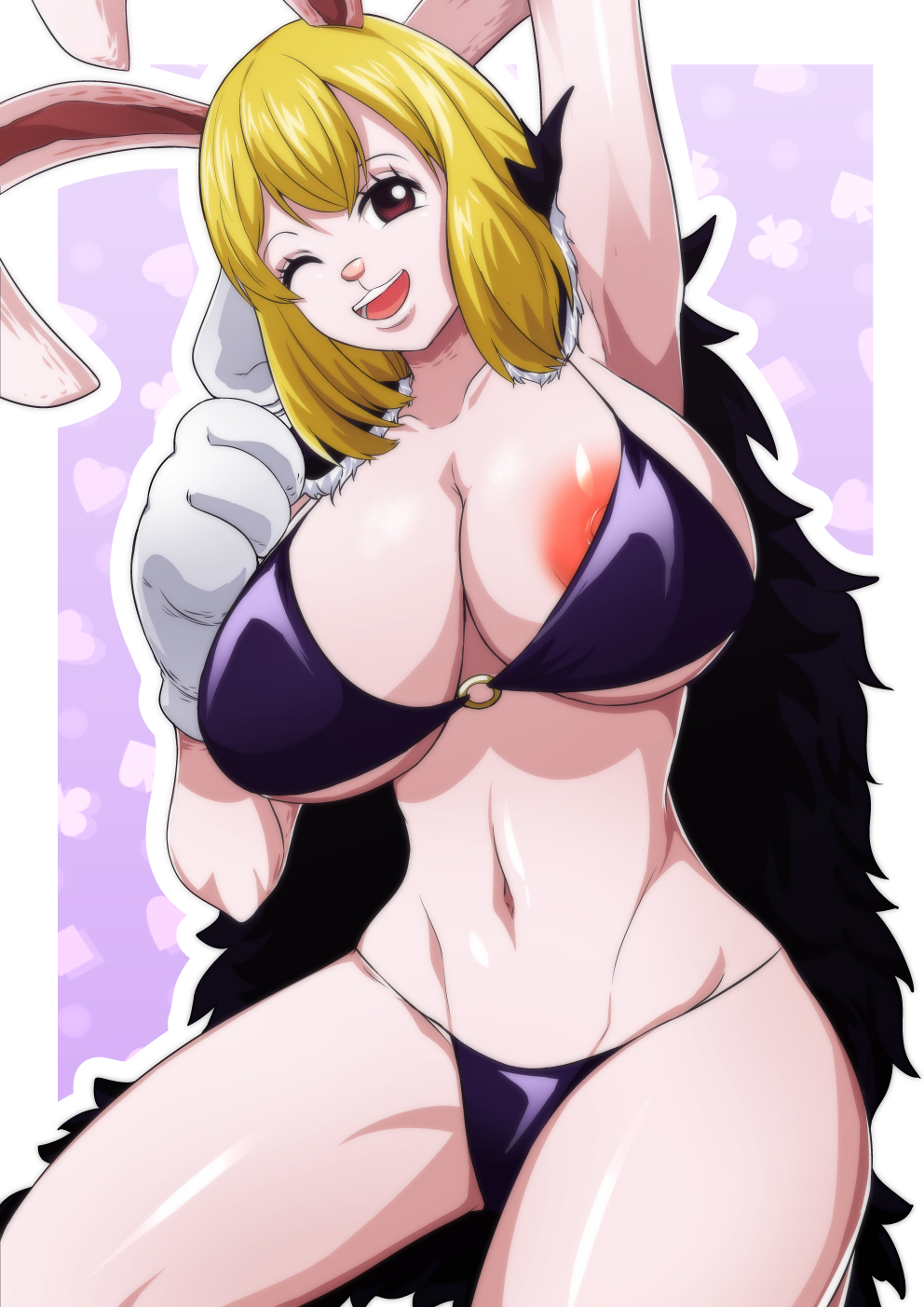 areola areola_slip armpit_fetish beast_pirates beast_pirates_(cosplay) big_breasts bikini bikini_top bikini_uniform blonde_hair bottomwear breasts cape carrot_(one_piece) cleavage clothed clothing crouching eyelashes female female_only fur gloves hair handwear hi_res huge_breasts lagomorph leporid long_hair looking_at_viewer mammal medium_hair navel one_piece qdoujin rabbit red_eyes shorts shoulder_pads solo swimwear white_body white_fur