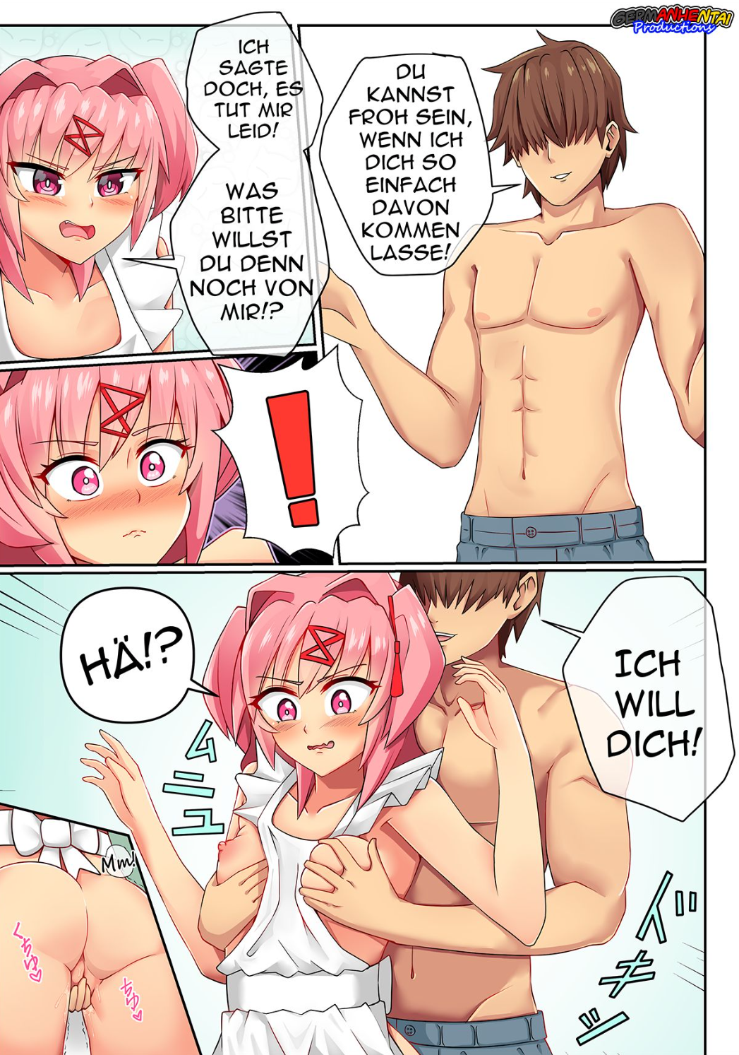 1boy 1girls acefish ass barely_clothed blush breasts deutsch doki_doki_literature_club eyeless_male female german german_text grabbing_from_behind grabbing_own_breast human kitchen male mc_(doki_doki_literature_club!) natsuki_(doki_doki_literature_club) nipples open_mouth pink_hair pussy pussy_juice short_girl speech_bubble text translated tsundere