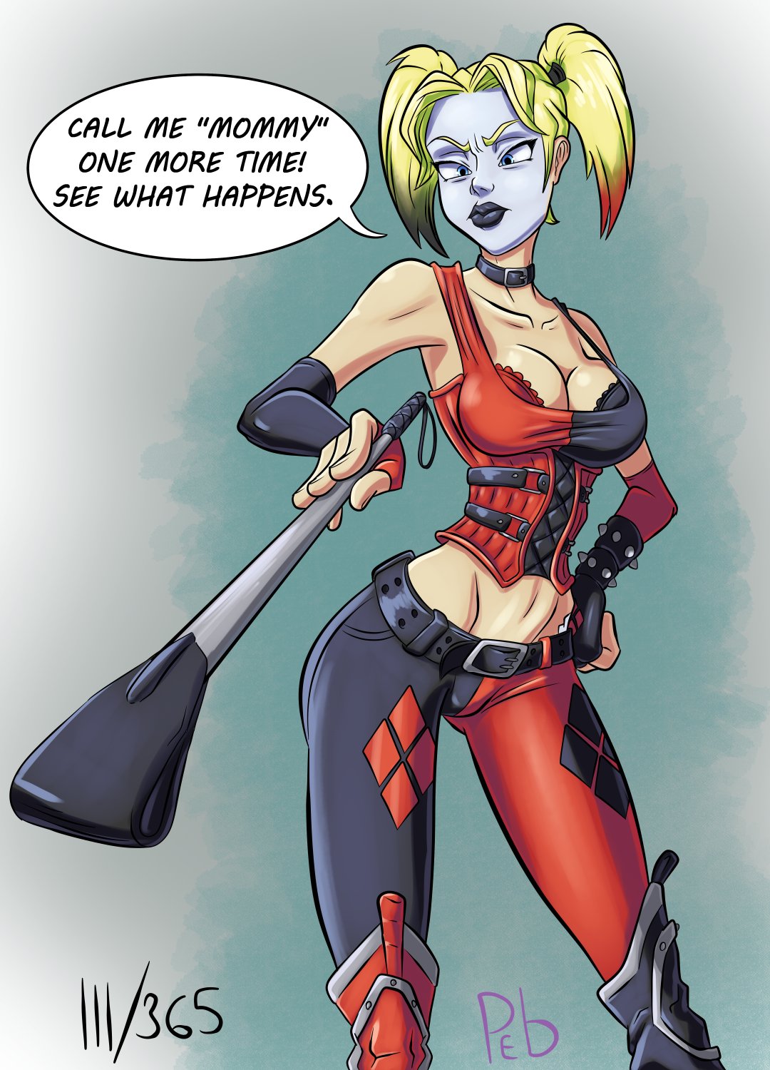 athletic athletic_female bare_midriff batman:_arkham_city batman_(series) big_breasts blonde_hair blue_eyes bracelet breasts busty cleavage corset dc dc_comics female female_focus female_only harley_quinn harley_quinn_(arkham) harley_quinn_(arkham_city) hourglass_figure lipstick long_hair makeup pants purpleeyebags quinn_year_(purpleeyebags) speech_bubble tagme tank_top twintails wide_hips