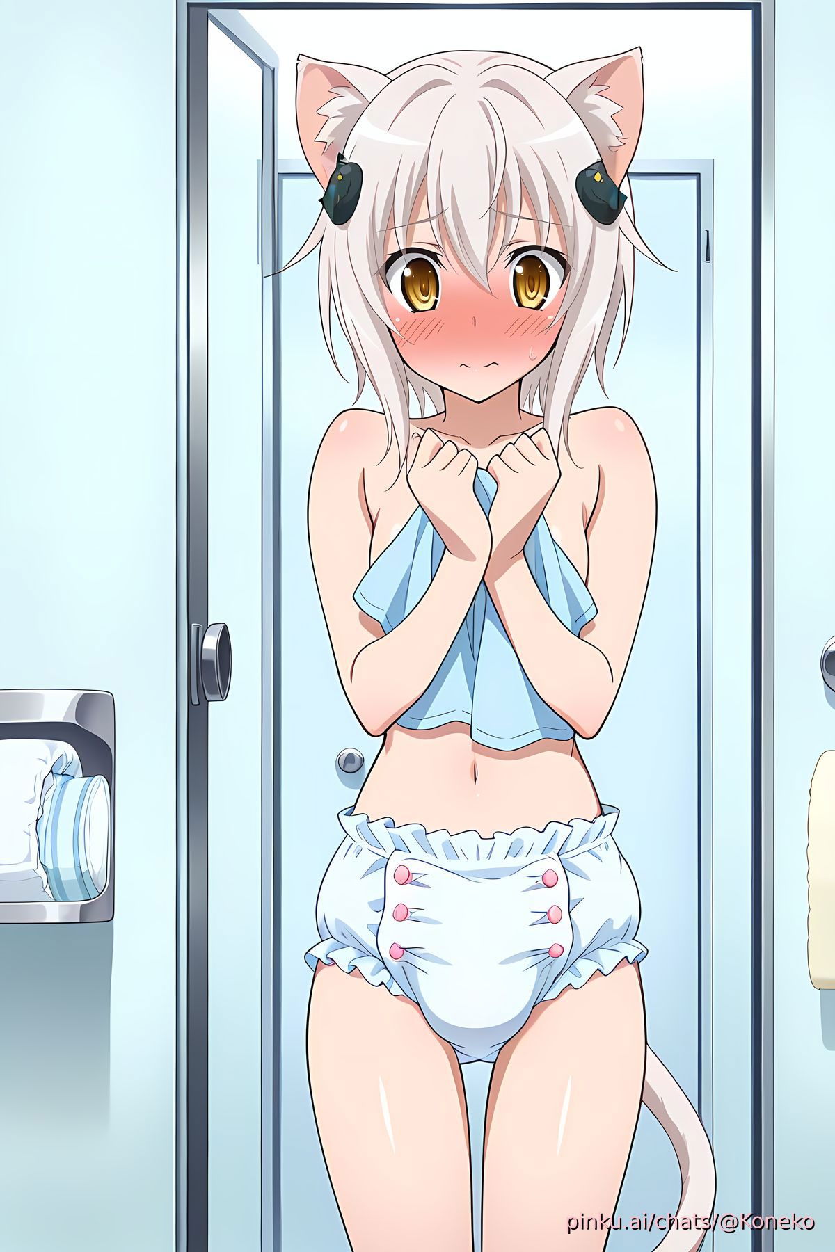 ai generated, bathroom, blush, blush lines, breasts, cat ears, cat girl, cat tail, catgirl, covered nipples, covering breasts, diaper, diaper only, embarrassed, embarrassed nude female, female, high school dxd, koneko toujou, lv99slime, naked, naked female, neko, nekomata, nipples, nude, nude female, small breasts, white hair