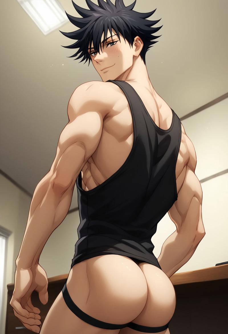 ai_generated ass back biceps black_hair blush fushiguro_megumi gay jockstrap jockstrap_only jujutsu_kaisen looking_at_viewer looking_back male male_only muscular muscular_male smile spiked_hair tank_top toned_body toned_male twall97