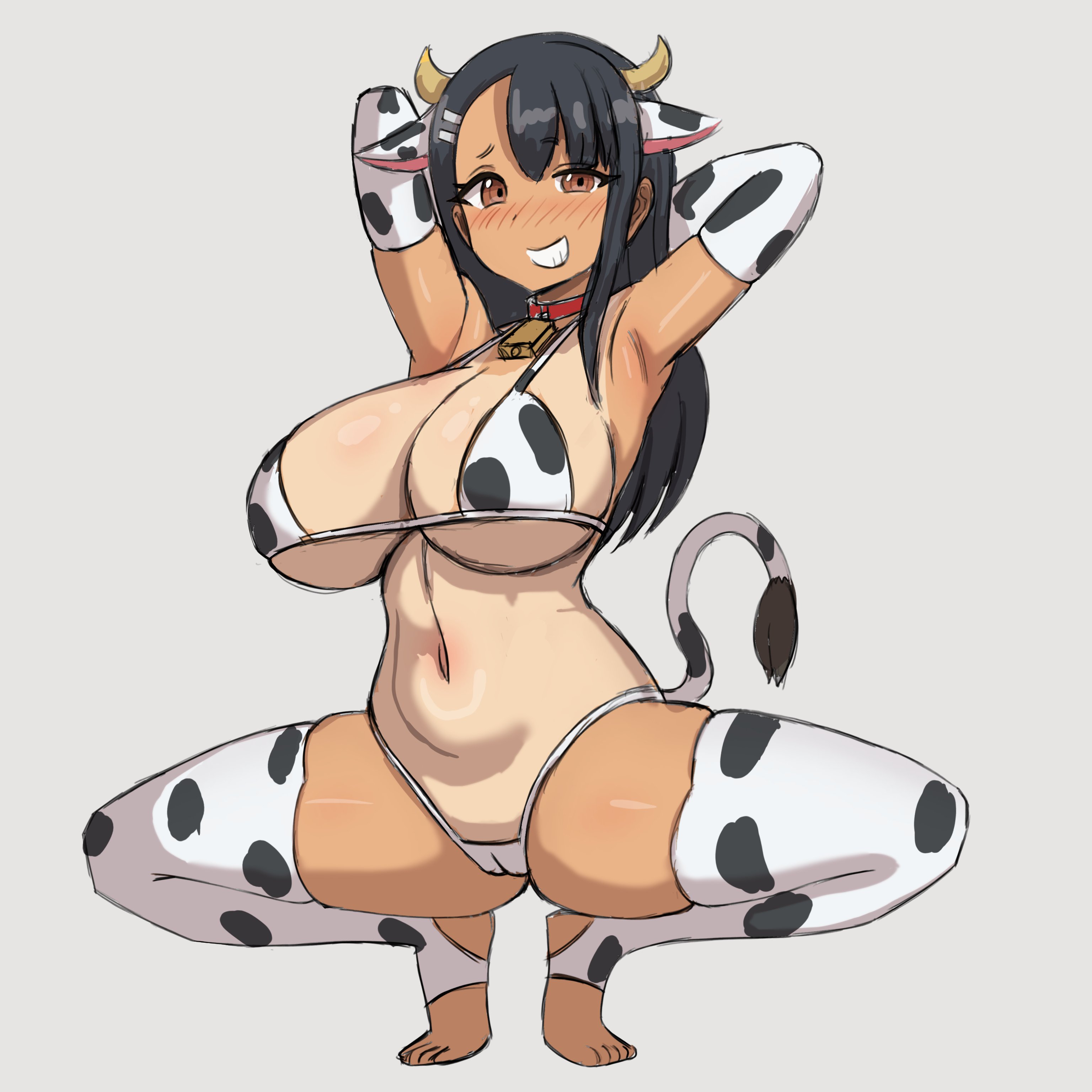 1girls, big breasts, breasts, cow bikini, cow girl, cow print, fake animal ears, fake horns, female, genki2d, hands behind head, hayase nagatoro, looking at viewer, please don't bully me, nagatoro, solo, solo female, stirrup legwear, tanline, toeless legwear, toeless thigh highs