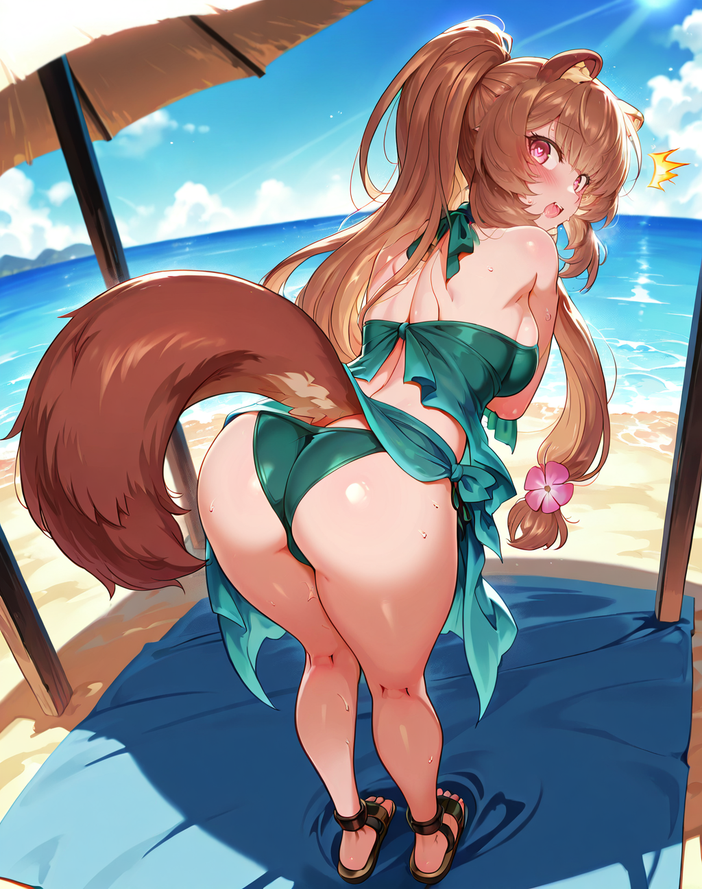 ai_generated animal_ears beach bikini day flower fluffy_tail huge_ass ponytail raphtalia sarong sideboob stable_diffusion surprised sweat tail tate_no_yuusha_no_nariagari thick_thighs thighs