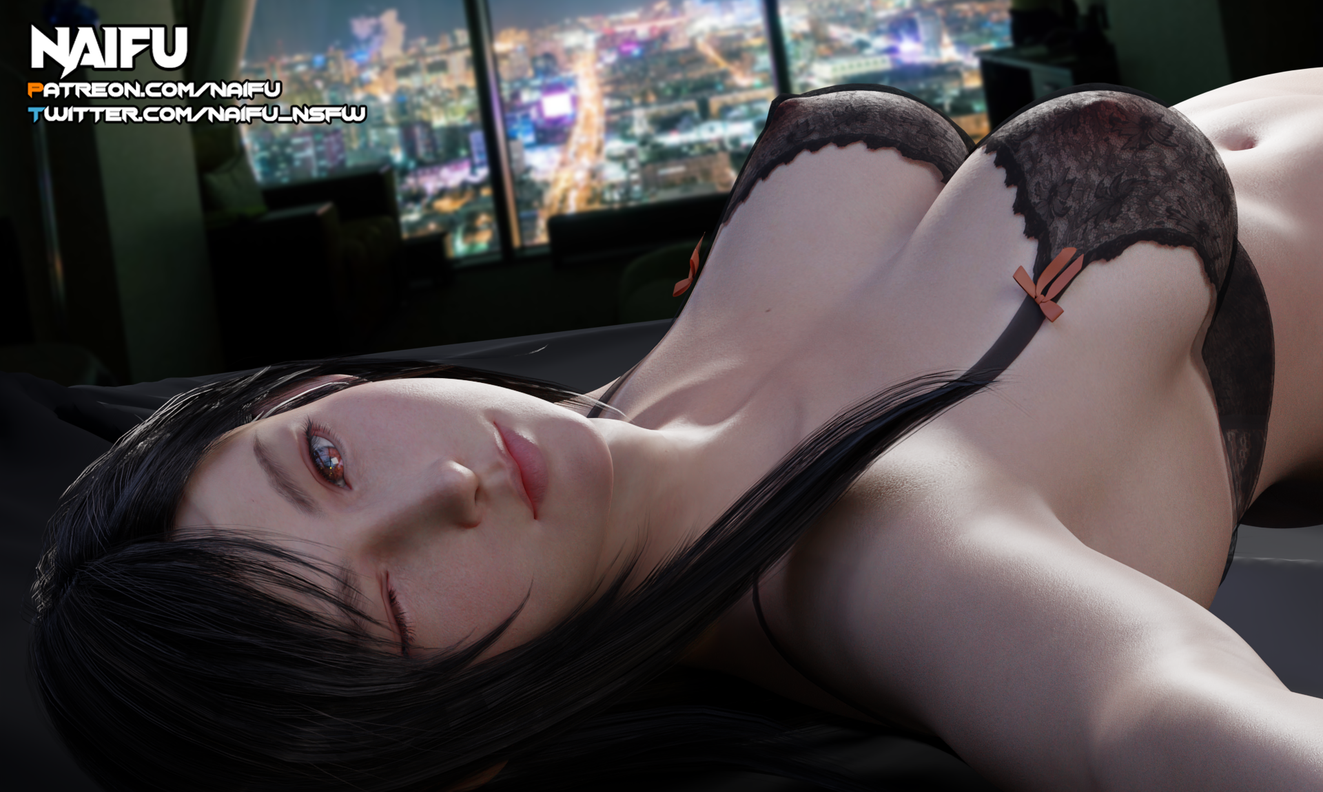 1girls, 3d, bed, black hair, bra, breasts, cityscape, female, female only, final fantasy, final fantasy vii, final fantasy vii remake, large breasts, looking at viewer, lying down, midriff, naifu, navel, nipples, nipples visible through clothing, on back, one eye closed, red eyes, smooth skin, solo, solo female, tifa lockhart, window, wink