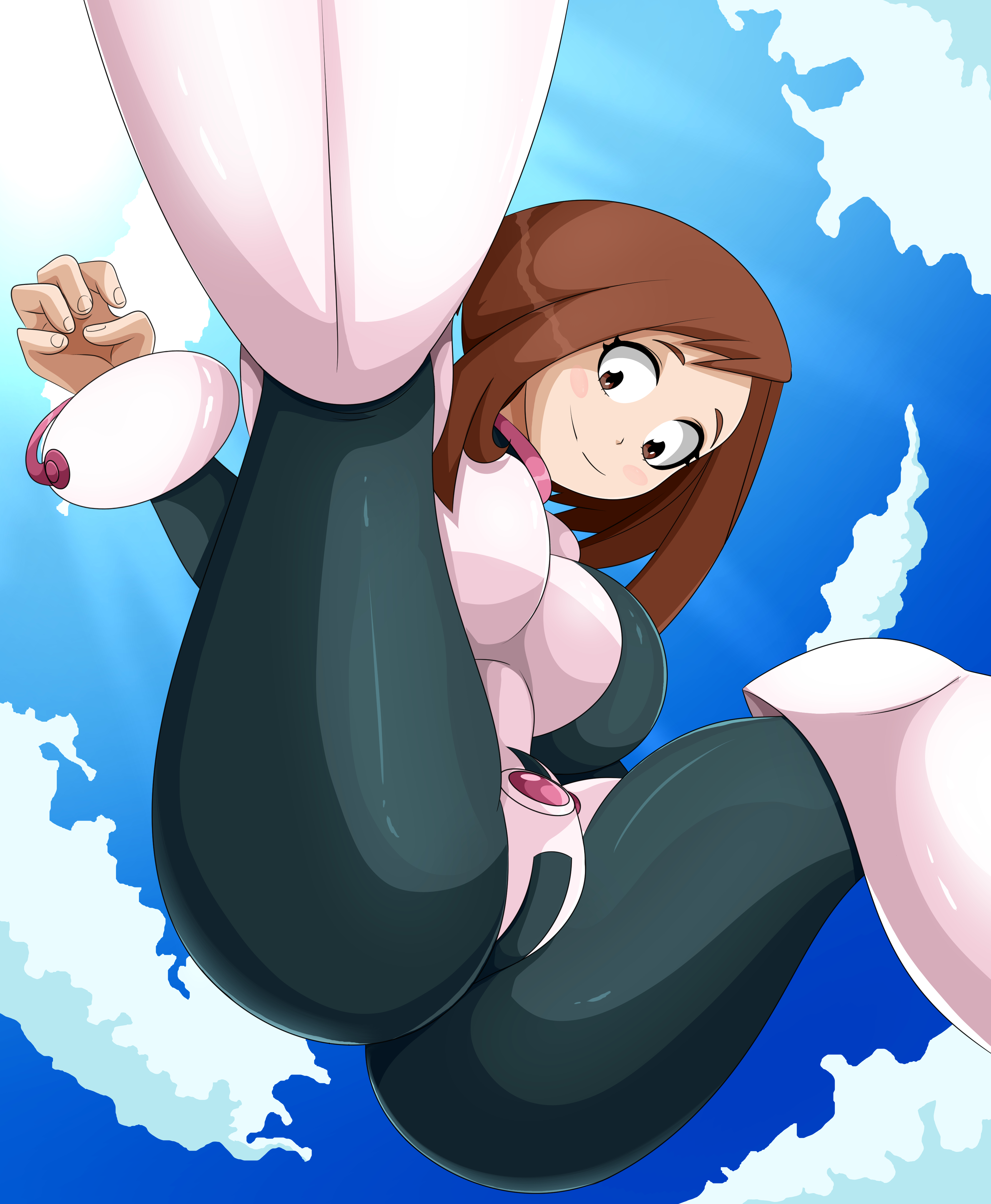 1girls, big breasts, bodysuit, boots, breasts, brown eyes, brown hair, brown-haired female, clothed, clothes, cloud, female, female human, female only, floating, hero outfit (mha), human, large breasts, light skin, light-skinned female, looking down, my hero academia, ochako uraraka, ochako uraraka (hero outfit), short hair, sky, slim waist, solo, solo female, solo focus, sonson-sensei, superhero costume, superheroine, thick thighs