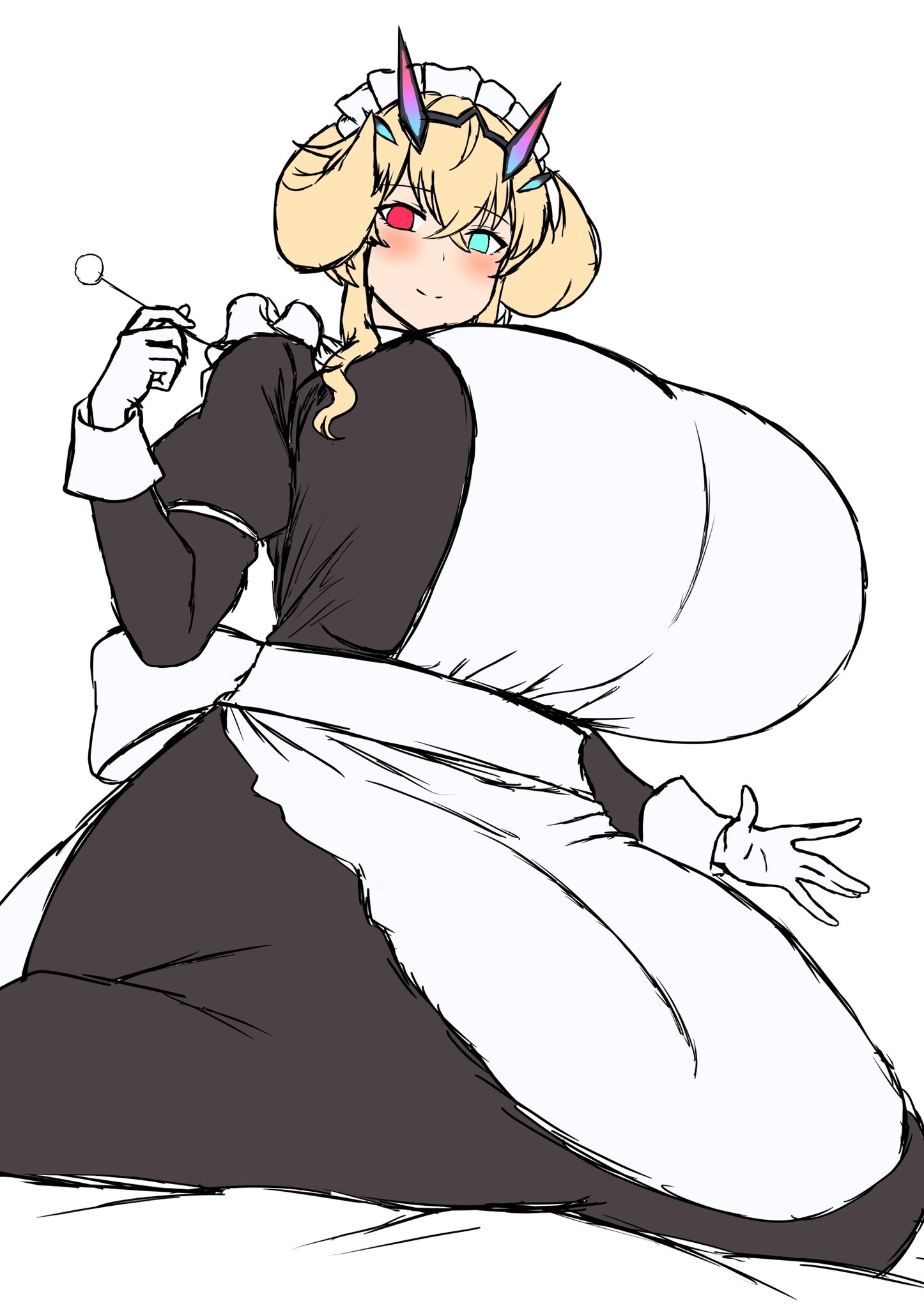 1girls, barghest (gawain) (fate), big breasts, blonde female, blonde hair, blonde-haired female, blush, breasts, breasts bigger than head, clothed, clothed female, daien (daien418), fate (series), fate/grand order, female, female focus, female only, heterochromia, huge breasts, light skin, light-skinned female, looking at viewer, looking down, looking down at viewer, maid, maid apron, maid headdress, maid outfit, maid uniform, offering, offering to viewer, on knees, solo, solo female, solo focus