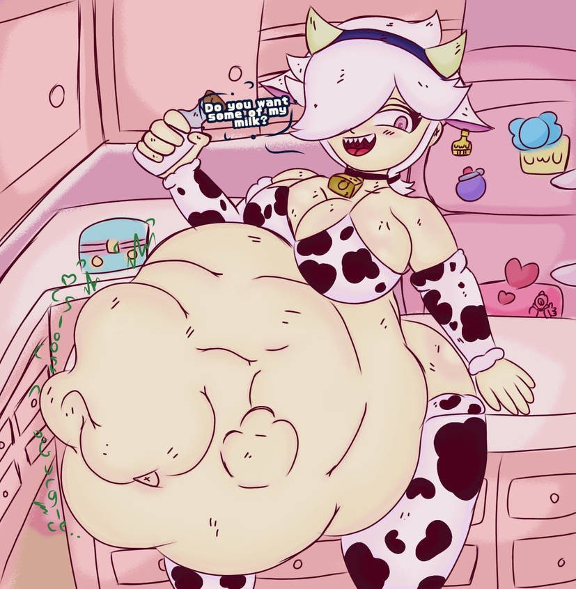 1girls, arm warmers, brawl stars, breasts, colette (brawl stars), cow horns, cow print, cow print armwear, cow print bikini, cow print thighhighs, cowbell, female, female pred, hair covering eye, holding object, huge breasts, huge thighs, light skin, light-skinned female, milk, pink eyes, sharp teeth, speaking, stomach noises, struggling prey, talking to viewer, thighhighs, vore, vore belly, white hair