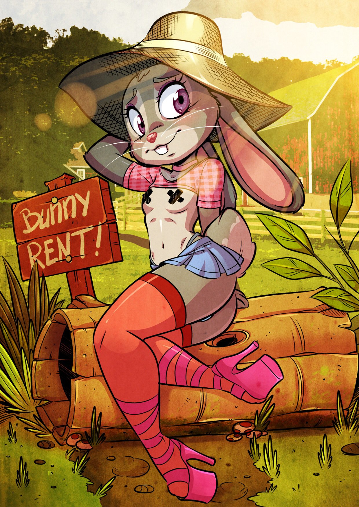 ass, clothing, disney, farm, female, flat chest, furry, gallygallo, hat, high heels, judy hopps, panties, prostitution, rabbit, skimpy, skirt, stockings, taped nipples, zootopia