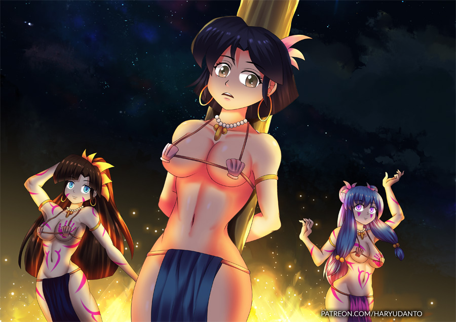 3girls akane_tendo arabian_clothes belly black_hair blue_hair bodypaint brown_eyes brown_hair clothing dancer dancer_outfit dancing flower_in_hair handprint harem_outfit haryudanto hypnosis large_breasts loincloth long_hair mind_control navel nervous pearl_necklace ranma_1/2 shampoo_(ranma_1/2) short_hair small_breasts tied_to_pole tied_up ukyo_kuonji