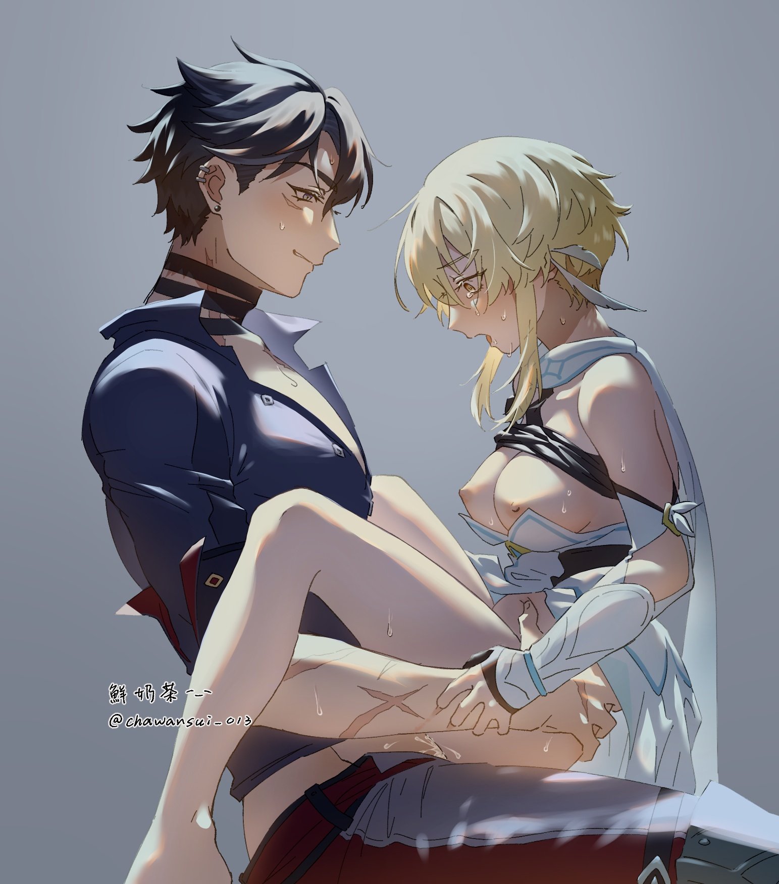 1boy, 1girls, artist request, black hair, blonde hair, blush, breasts, cum, cum inside, exposed breasts, female, genshin impact, hoyoverse, lumine (genshin impact), male, penis, scar, sex, sitting on penis, sweatdrop, tears, wriothesley (genshin impact)