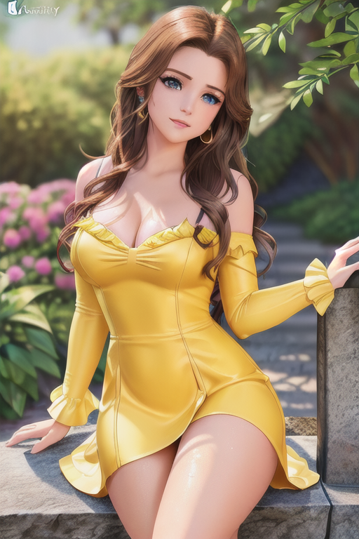 1girls ai_generated beauty_and_the_beast belle blue_eyes breast_freckles brown_hair cleavage curvy_female disney disney_princess earring facing_viewer freckles freckles_on_breasts freckles_on_face large_breasts long_hair mwarde77777 no_bra pink_lips solo tagme yellow_dress