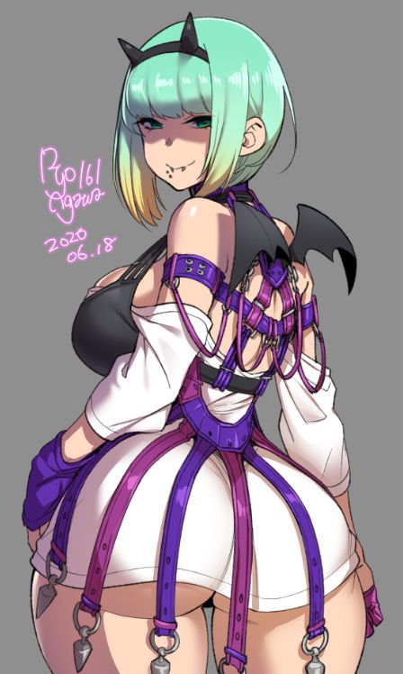 1girls, 2020, artist name, ass, asymmetrical gloves, bare shoulders, big ass, blonde hair, breasts, dated, demon, demon girl, demon horns, demon wings, fake horns, fake wings, fangs, female, female only, gloves, gradient hair, green eyes, green hair, grey background, hairband, horns, large breasts, looking at viewer, looking back, multicolored hair, original, ryo agawa, short hair, signature, simple background, solo, thick thighs, thighs, wings