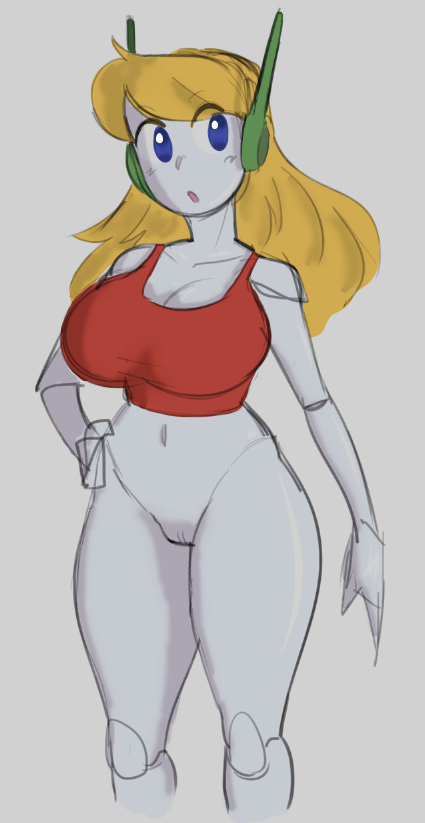 1girls, big breasts, blonde hair, blue eyes, bottomless, breasts, casual exposure, cave story, color edit, colored sketch, curly brace, female, female only, long hair, navel, pussy, robot girl, solo, tank top, tight shirt