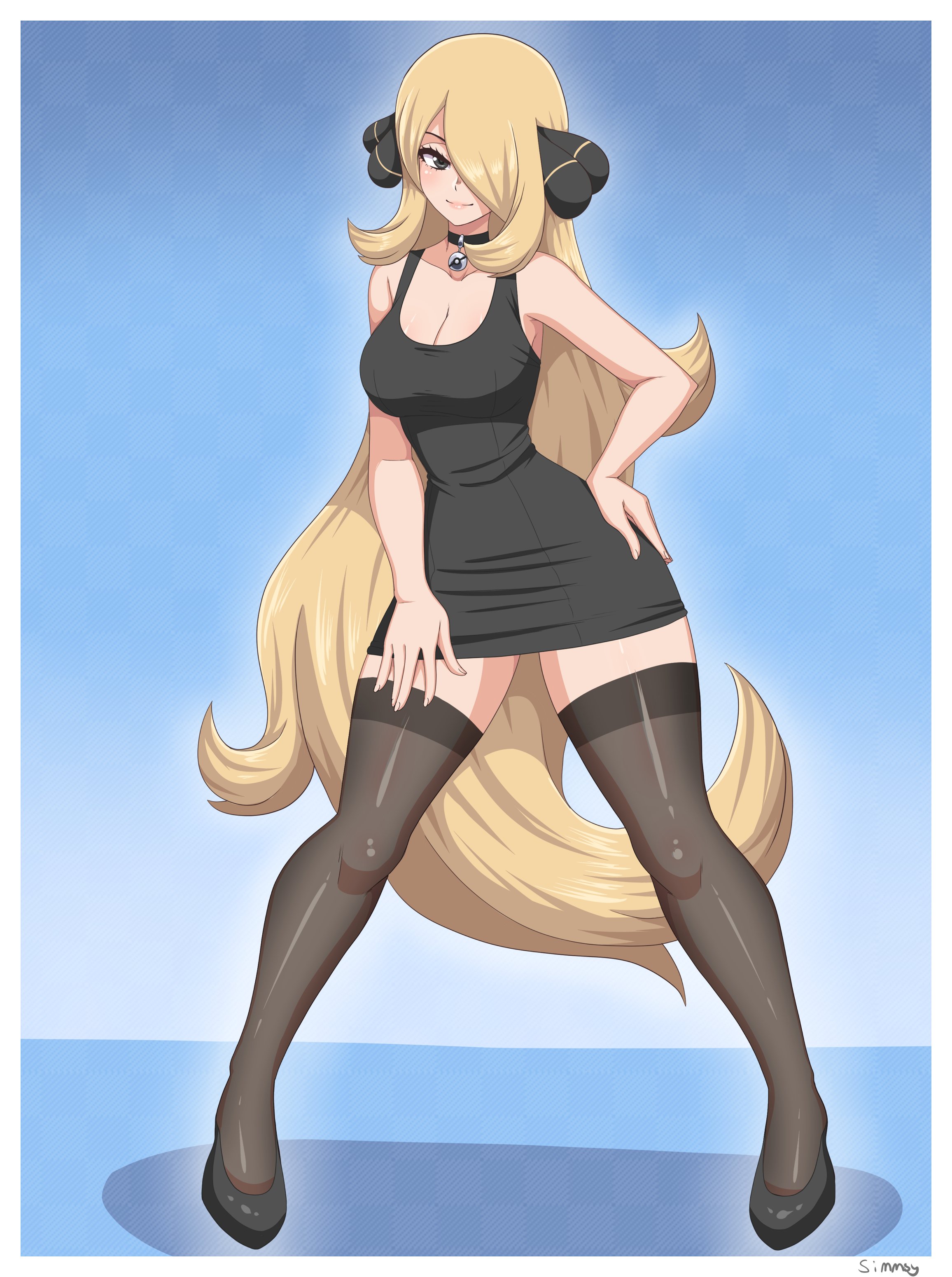 1girls, big breasts, black dress, blonde hair, breasts, champion, choker, cleavage, clothed, cynthia (pokemon), dress, female, female only, full body, hair over one eye, hand on hip, human, large breasts, long hair, looking at viewer, minidress, nintendo, pencil dress, pokemon, pokemon dppt, seductive look, simmsy, smile, solo, stockings, thighhighs, tight dress, very long hair, wide hips, wide stance