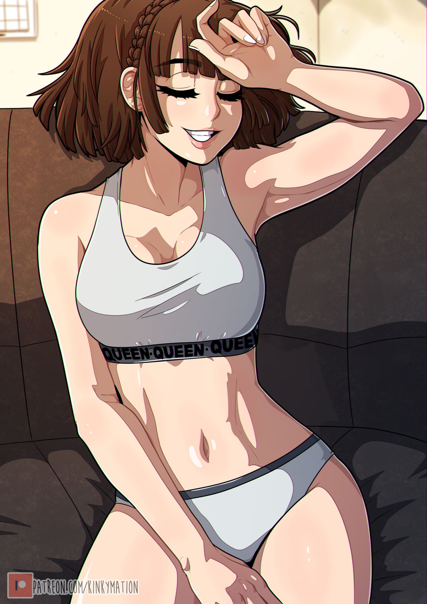 1girls, ass, big breasts, booty shorts, bra, breasts, brown hair, closed eyes, female, female only, kinkymation, looking at viewer, makoto niijima, persona, persona 5, short hair, smiling, solo, sports bra, sportswear, white skin