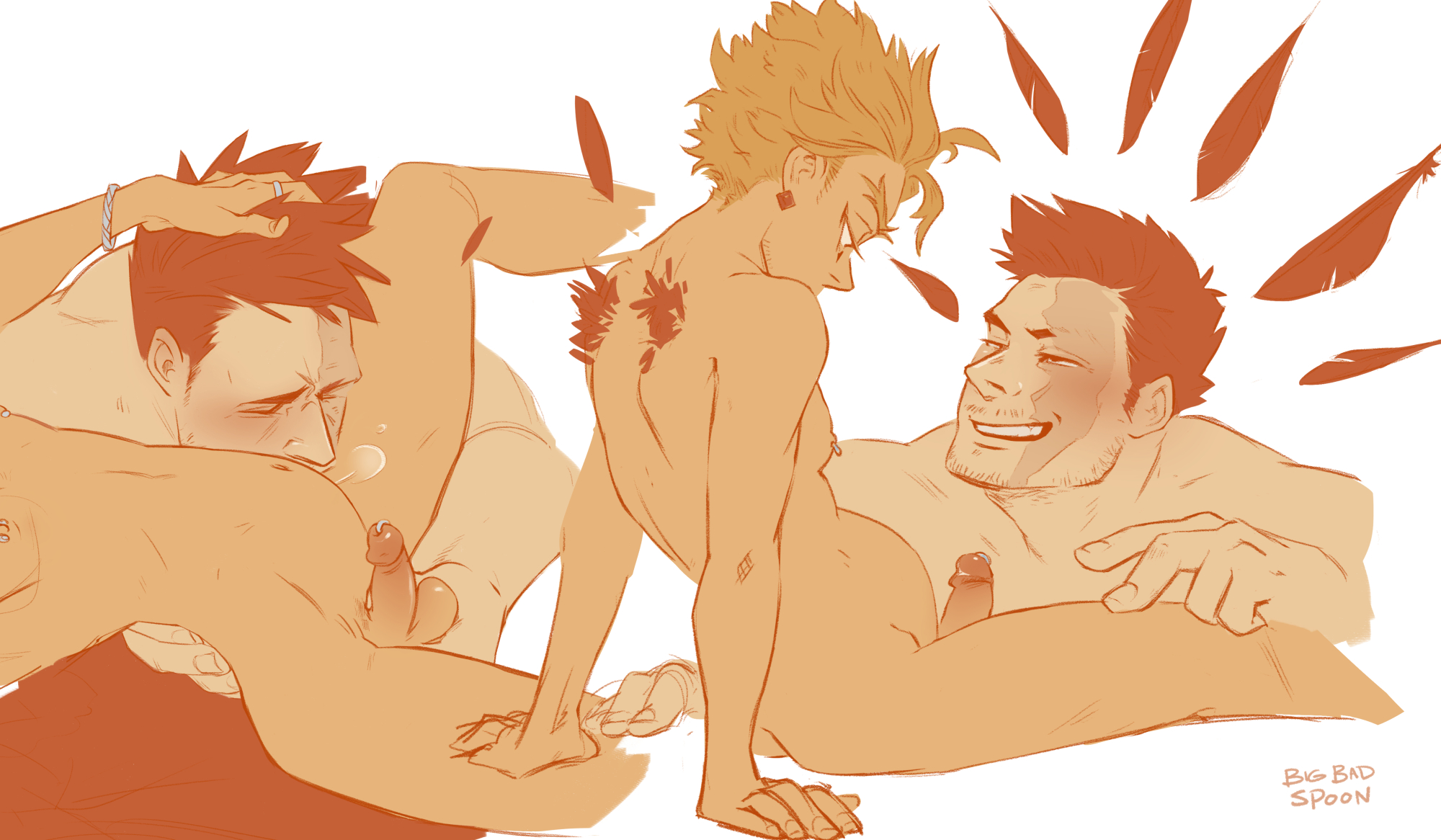belly bulge, big bad spoon, endeavor (my hero academia), enji todoroki, feathers, gay, hawks (my hero academia), keigo takami, male, male only, male pregnancy, mpreg, my hero academia, pierced genitals, pierced nipples, piercing, piercings, pregnancy, pregnant, pregnant male, stomach bulge, wings, yaoi