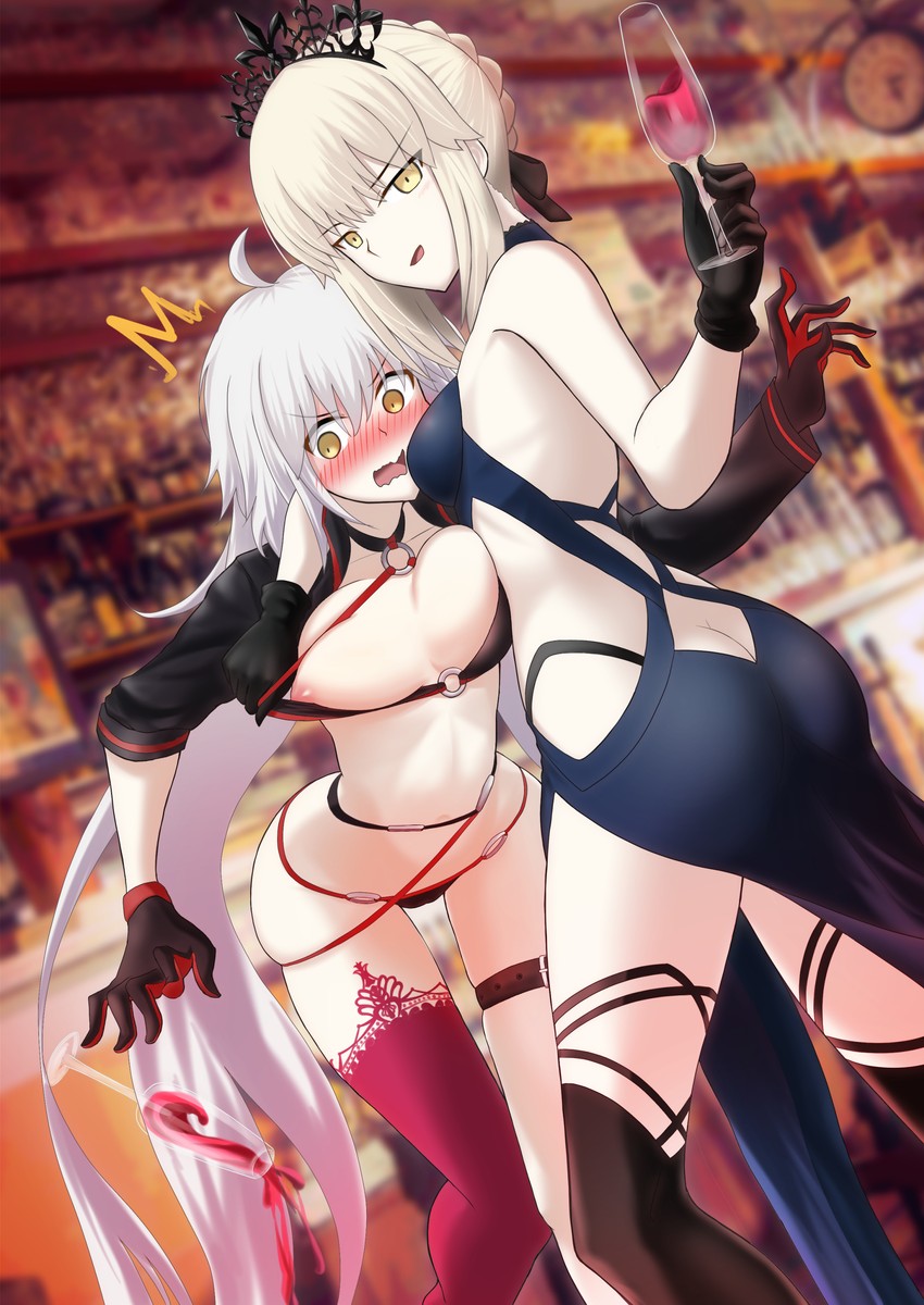 2girls, ahoge, artoria pendragon, artoria pendragon (alter), ass, asymmetrical clothes, big ass, black dress, blush, breasts, fate (series), fate/grand order, fate/stay night, female, jeanne alter, jeanne alter (swimsuit berserker), large breasts, multiple females, multiple girls, nipple slip, pale skin, red stockings, shidou (x 2903), short hair, smug face, smug grin, swimsuit, tagme (artist), tiara, very long hair, white hair, wine, wine glass, yellow eyes, yuri