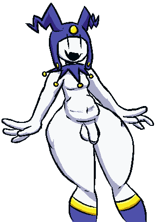 aliasing atlus clothed clothing dakuterooty demon genitals headgear headwear humanoid jack_frost_(megami_tensei) low_res male male_only megami_tensei open_mouth partially_clothed penis simple_background slightly_chubby solo video_games white_background white_body wide_hips