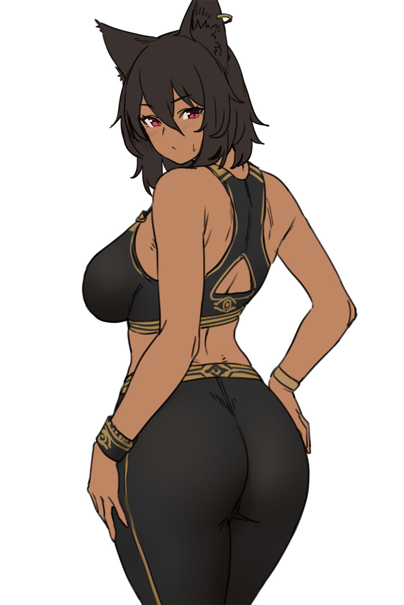 ass, bastet (houtengeki), big ass, big breasts, black hair, breasts, cat ears, dark skin, egyptian, female, houtengeki, red eyes, sports bra, sportswear, workout clothes, yoga pants