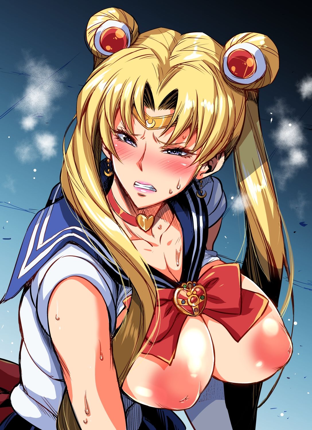 1girls, aged up, areolae, big breasts, bishoujo senshi sailor moon, blonde hair, blue eyes, breasts, choker, clenched teeth, clothing, earrings, female, hair ornament, inverted nipples, large breasts, lipstick, musashino sekai, ribbon, sailor collar, sailor moon, sailor moon redraw challenge, sweat, tiara, twintails, usagi tsukino