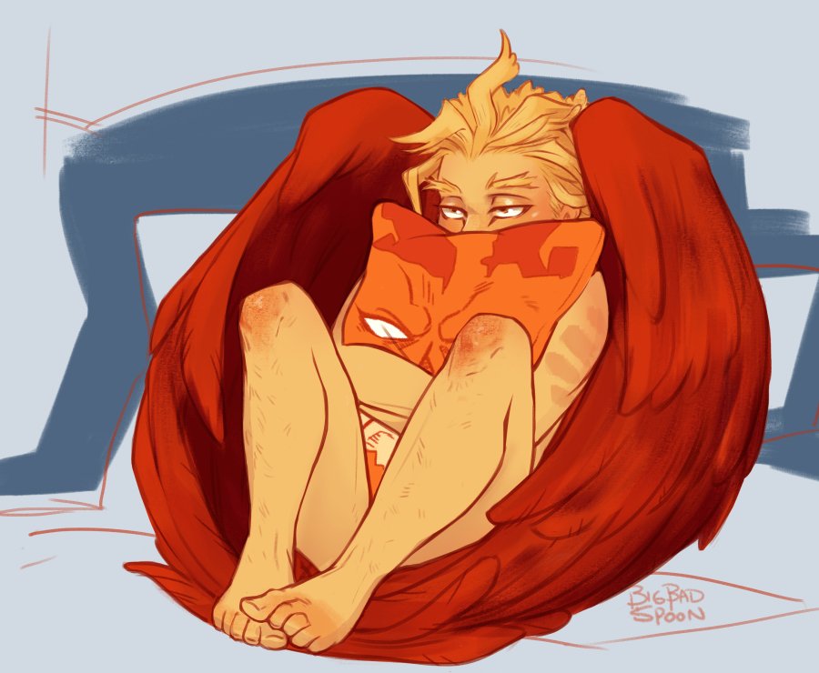 big bad spoon, endeavor (my hero academia), enji todoroki, gay, hawks (my hero academia), keigo takami, male, male only, my hero academia, pillow, pillow grab, pillow hug, wings, yaoi