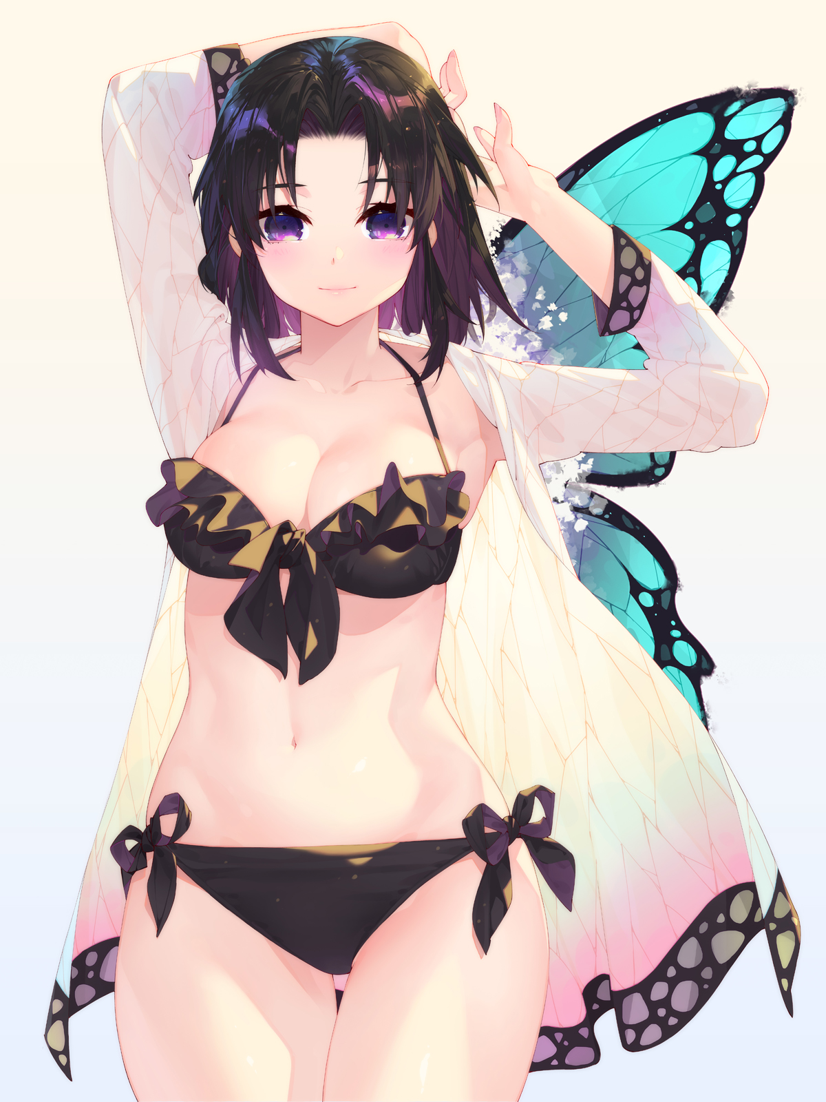 1girls, adjusting hair, alternate costume, bikini, black bikini, blush, breasts, butterfly hair ornament, cleavage, cute, demon slayer, female, female only, hair down, haori, hi res, japanese clothes, kimetsu no yaiba, kochou shinobu, looking at viewer, navel, purple eyes, purple hair, solo, stomach, swimsuit, waterring
