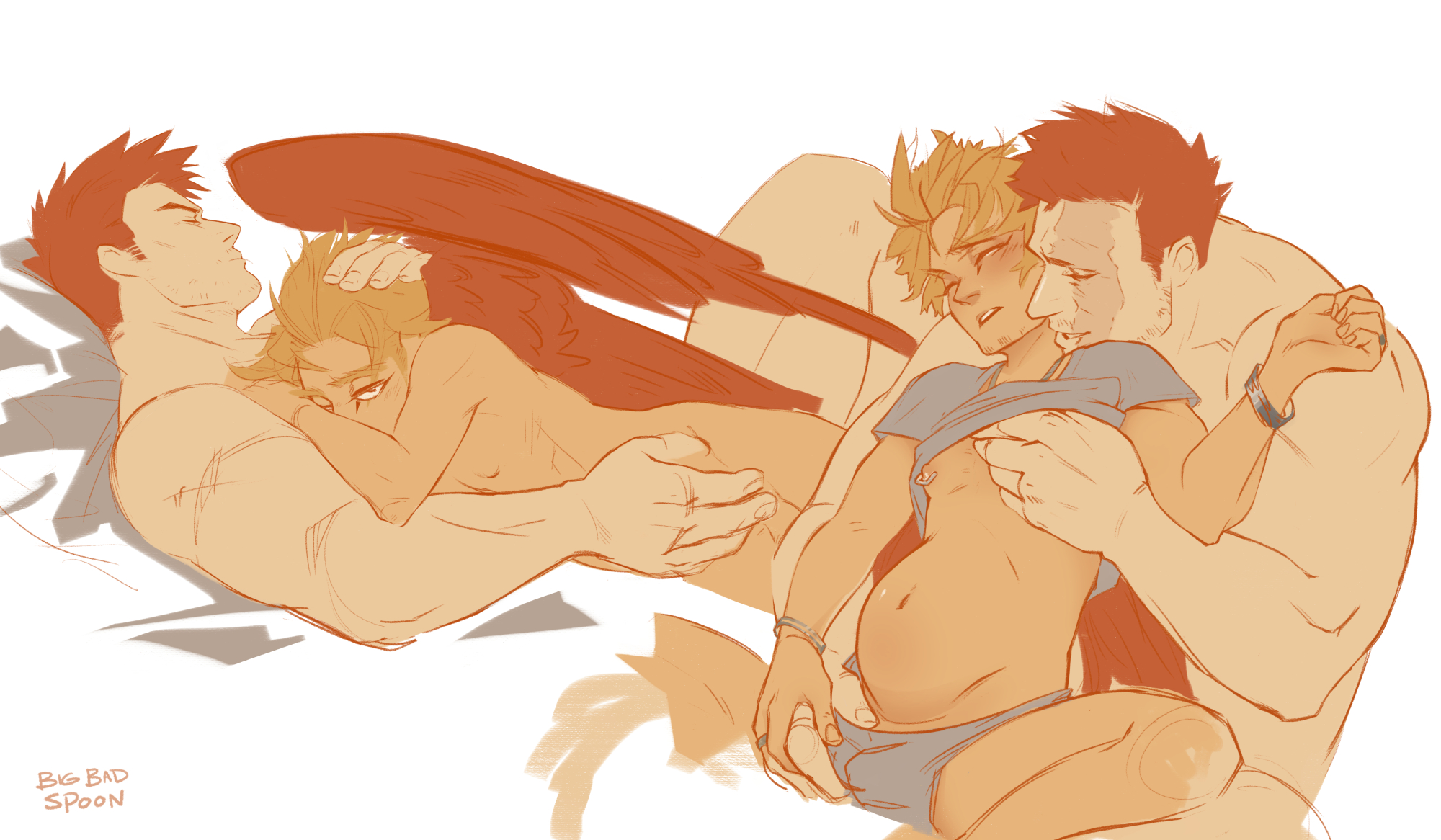 2boys, belly bulge, big bad spoon, clothes, cuddling, endeavor (my hero academia), enji todoroki, gay, hawks (my hero academia), keigo takami, male, male only, male pregnancy, mpreg, my hero academia, pregnancy, pregnant, pregnant male, stomach bulge, wings, yaoi