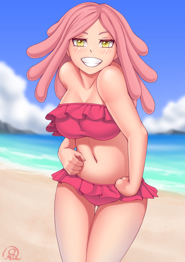1girls, beach, blush, female, female only, looking at viewer, mei hatsume, my hero academia, pink hair, pink-haired female, rocky-ace, smile, solo, solo female, swimsuit, yellow eyes