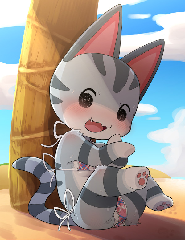 animal crossing, beach, bikini, blush, breasts, cat, dagasi, feline, female, female only, furry, furry only, grey fur, leg up, lolly (animal crossing), long tail, looking at viewer, nintendo, no humans, no text, pawpads, paws, pointy ears, sitting, small breasts, striped tail