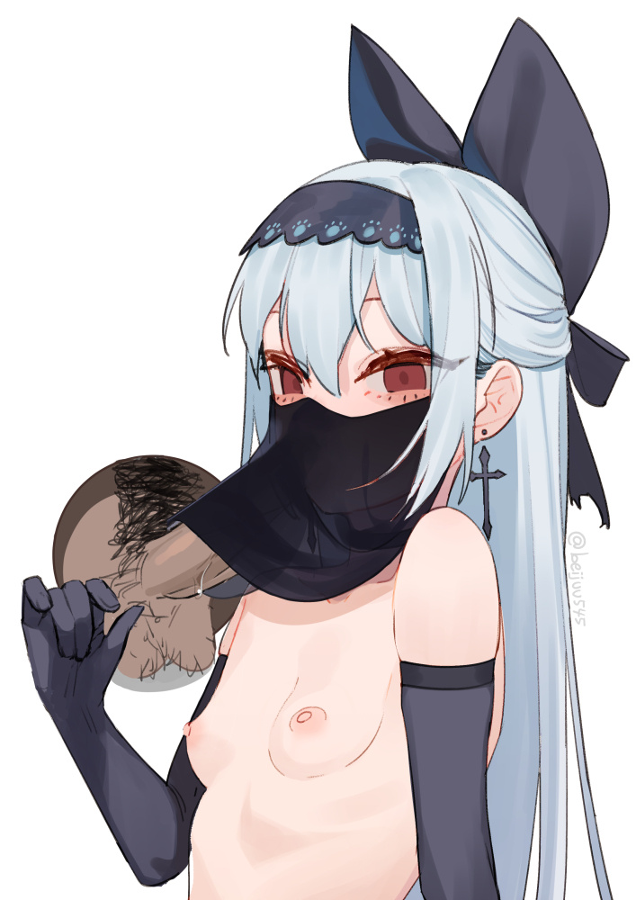 1boy bangs black_gloves blue_hair bow breasts choker earrings elbow_gloves fellatio fellatio_under_mask fellatio_under_veil female girls'_frontline gloves hairband hairbow jewelry juz long_hair mouth_veil nipples oral partially_undressed pubic_hair red_eyes simple_background small_breasts solo solo_focus testicles tokarev_(girls_frontline) veil white_background